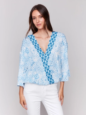 Premium Feel Printed Overlap Blouse - Denim