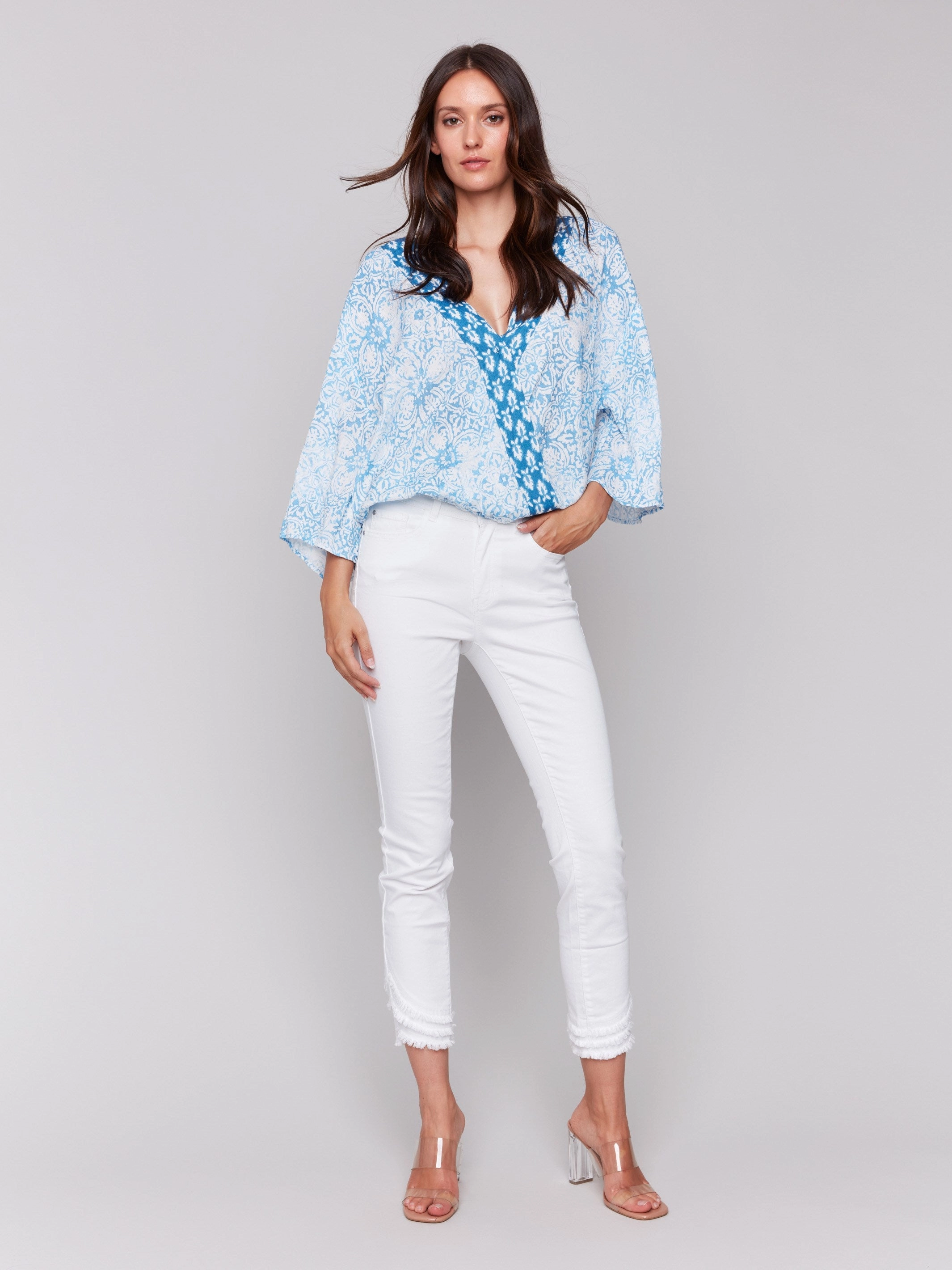 Printed Overlap Blouse - Denim Flatlock stitching Mix-And-Match