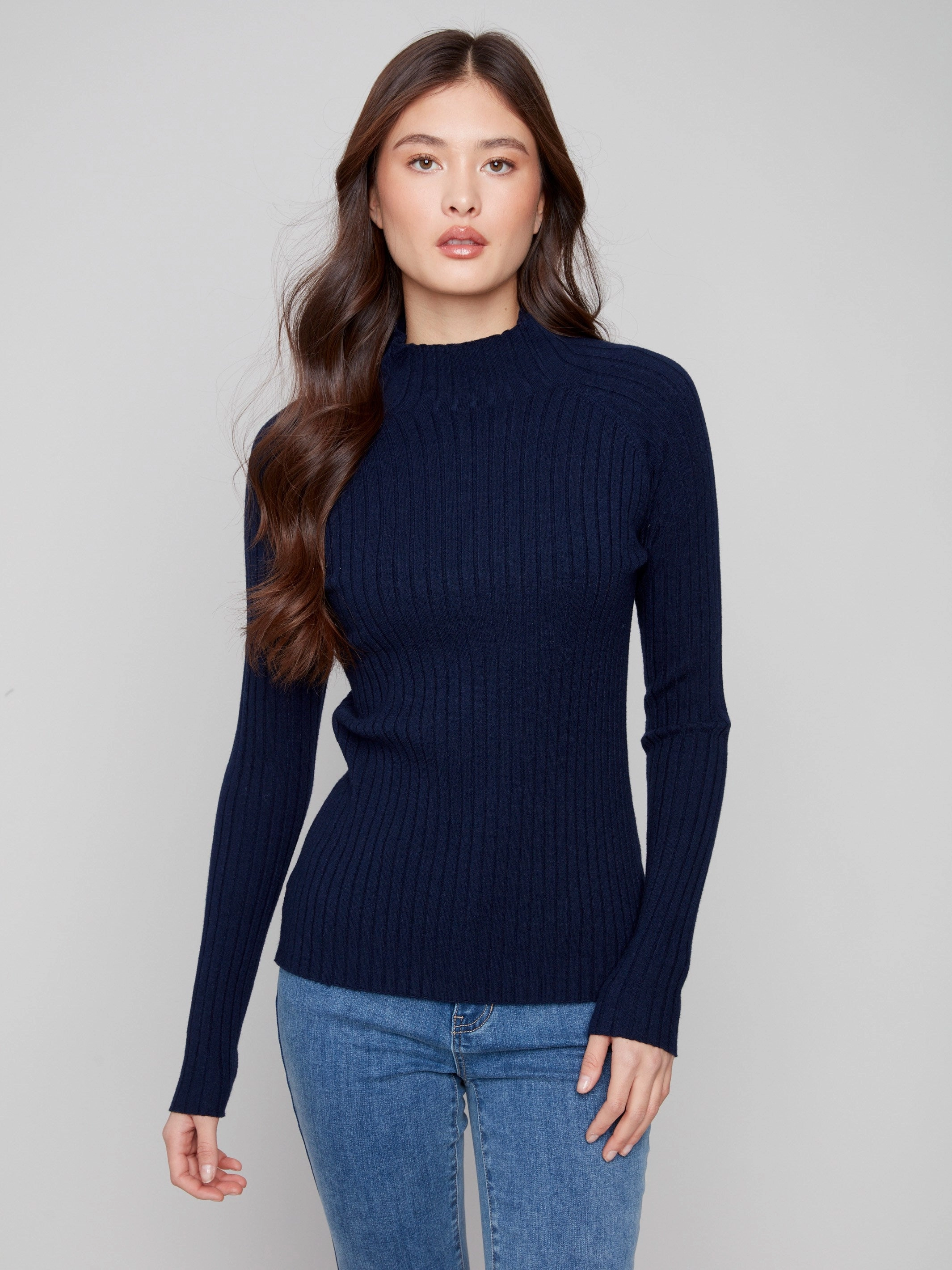 Ribbed Knit Mock Neck Sweater - Navy embroidery Pet related