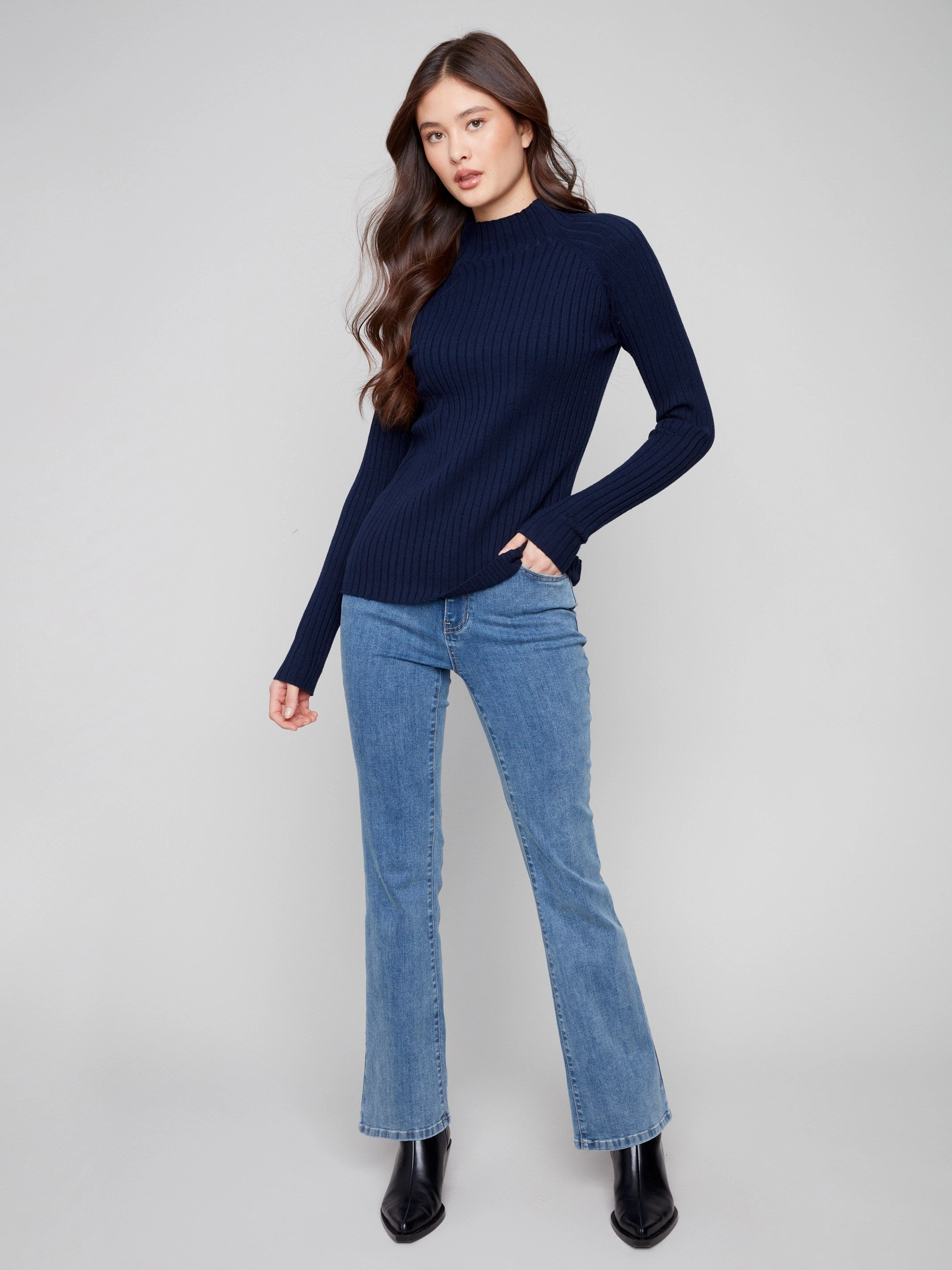 Ribbed Knit Mock Neck Sweater - Navy Audio