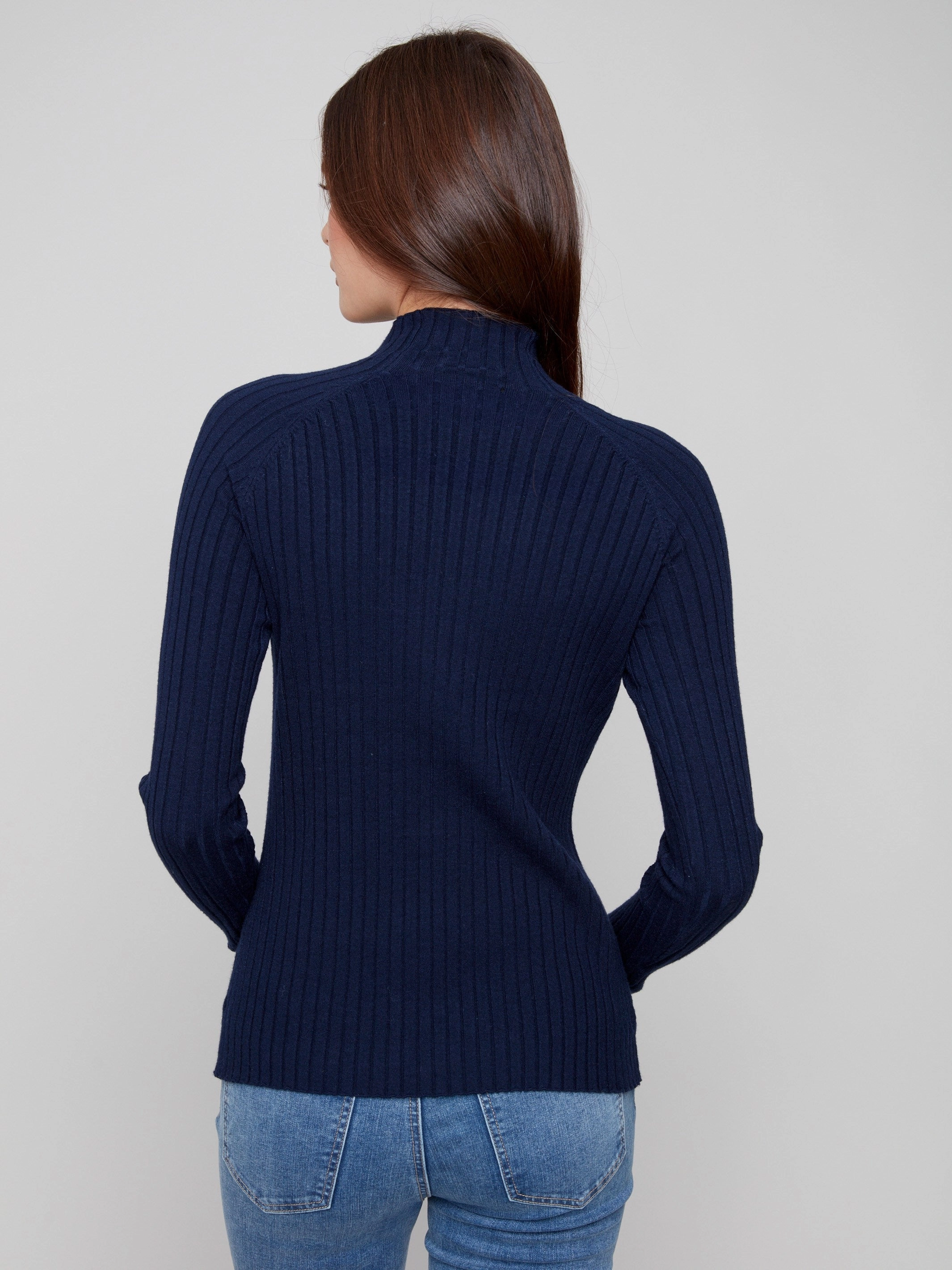 Ribbed Knit Mock Neck Sweater - Navy Breathable Gym room