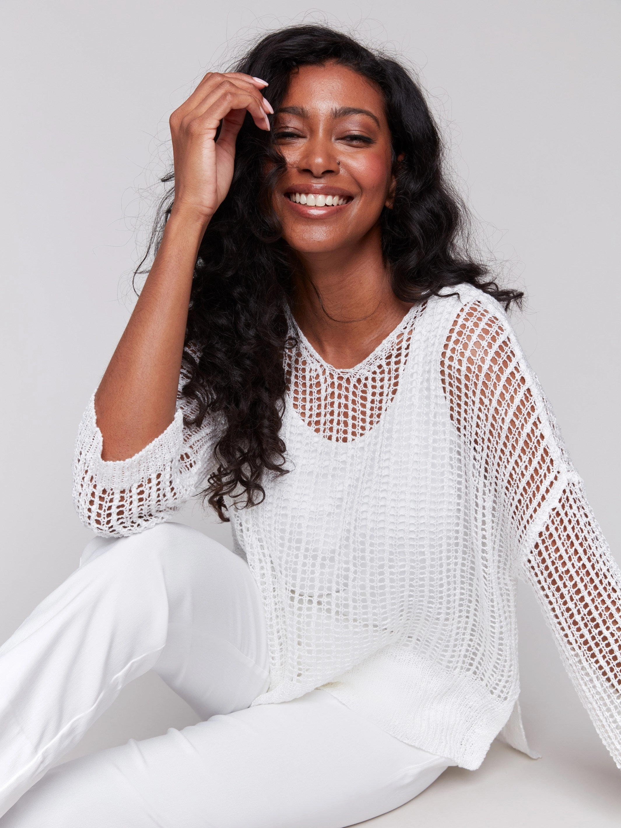 Chilly Day Essentials Sporty Style Fishnet Crochet Sweater - White