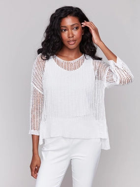 Fishnet Crochet Sweater - White Ribbed cuff