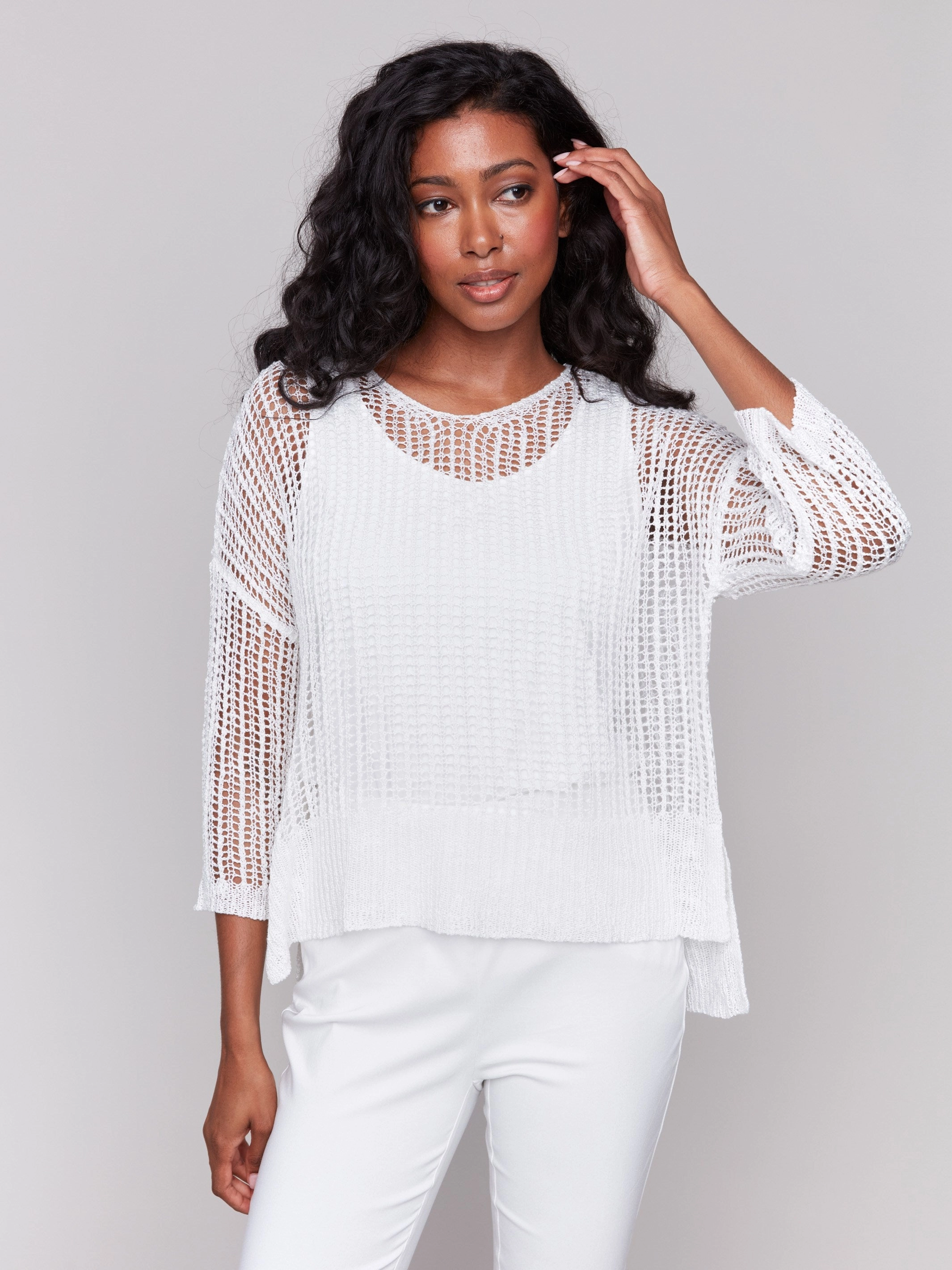 Fishnet Crochet Sweater - White Ribbed cuff
