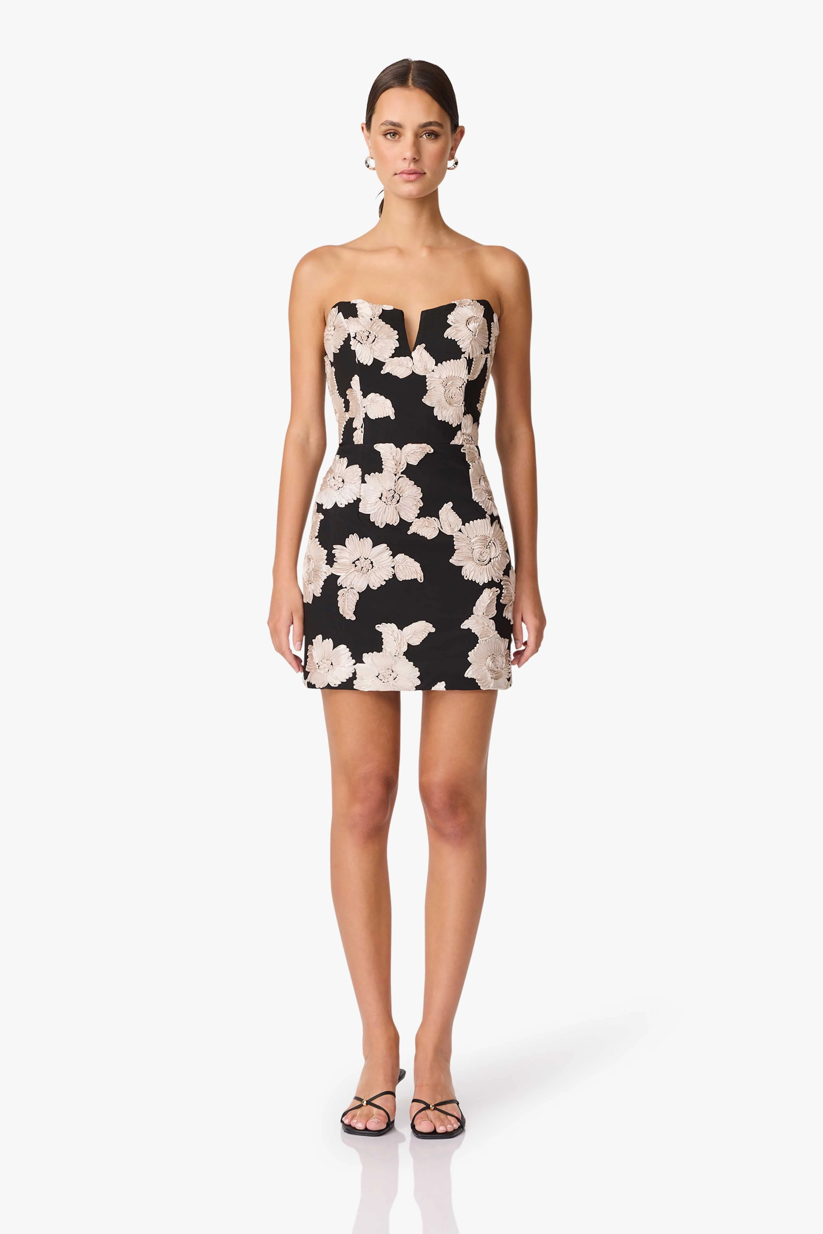 Poised Vibe Comfortable fit for outings Margaux Strapless Mini Dress in Black & Gold Floral
