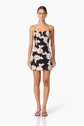 Poised Vibe Comfortable fit for outings Margaux Strapless Mini Dress in Black & Gold Floral
