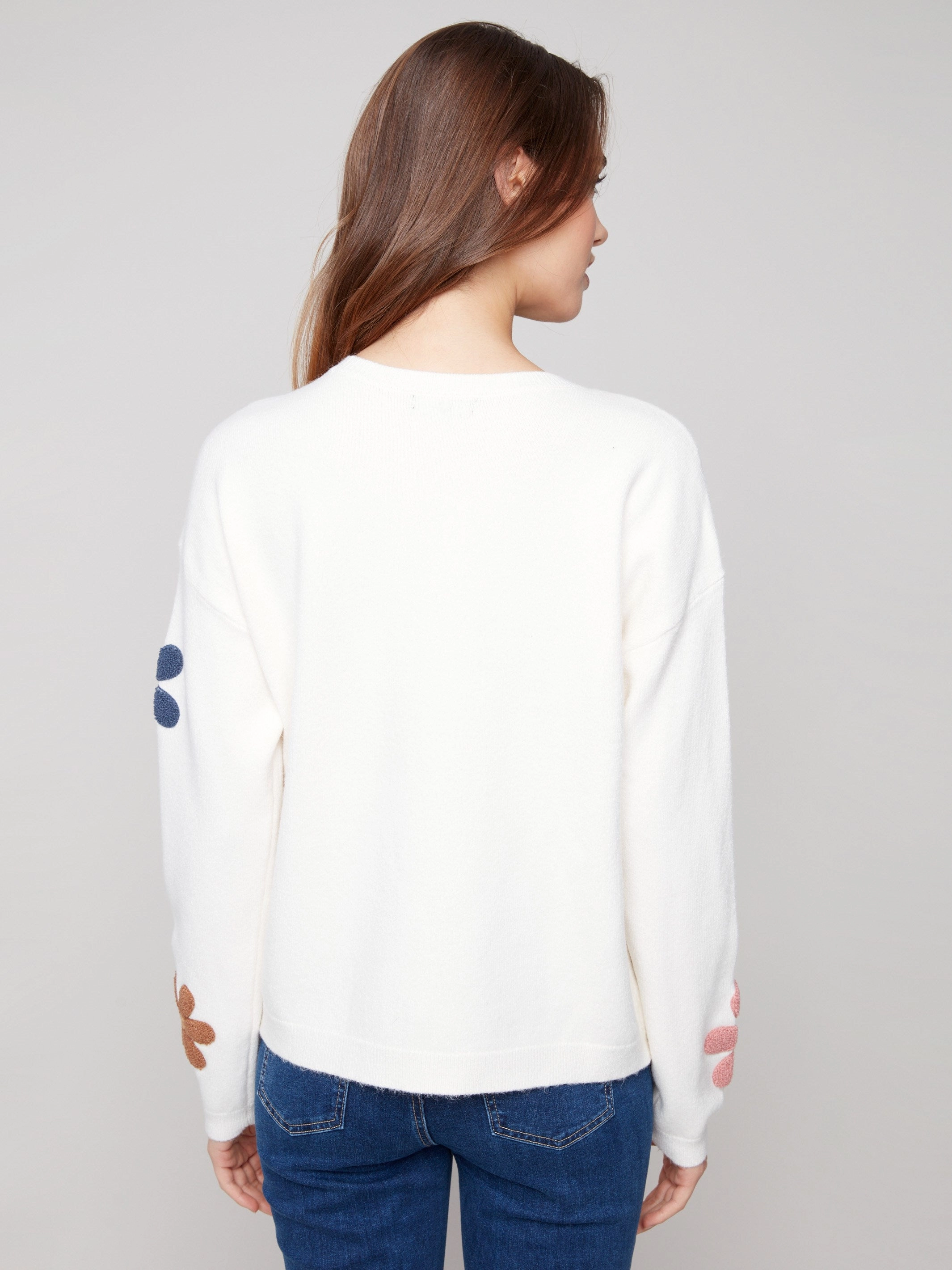 Zipped kids' Plush Sweater with Boucle Flowers - Ecru