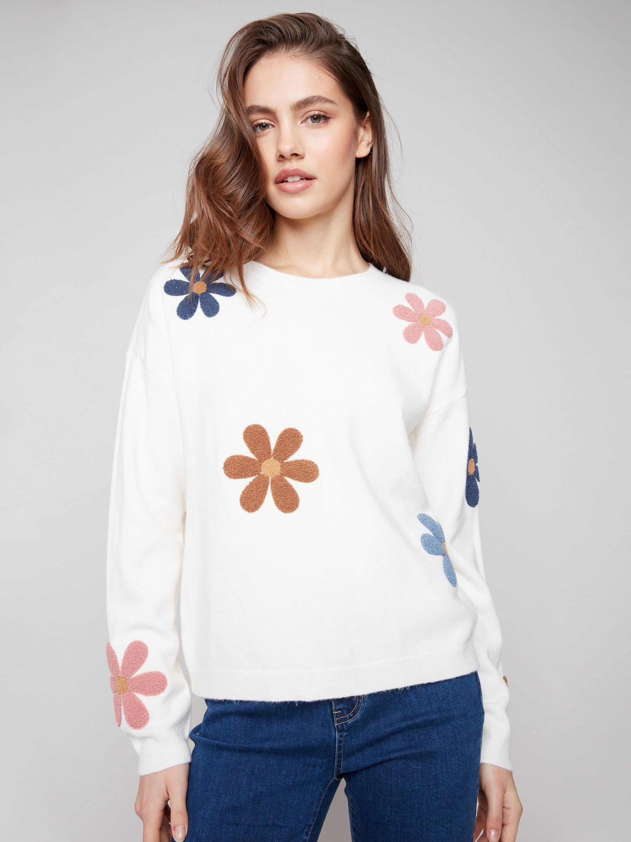 Plush Sweater with Boucle Flowers - Ecru Actress Social media