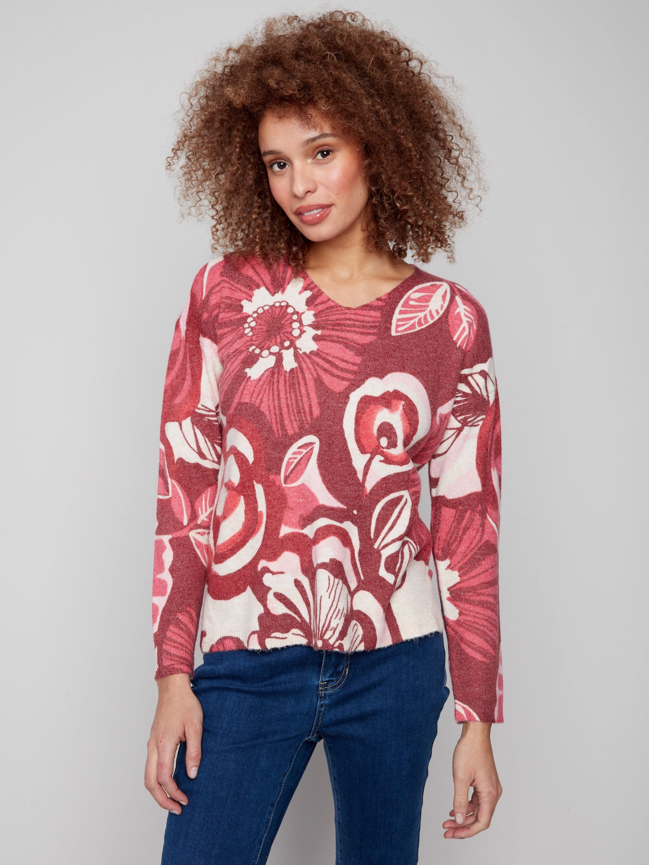 Mountainous area Sporty Printed Plush Knit V-Neck Sweater - Vibrant