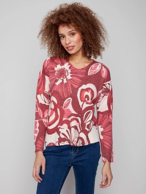Mountainous area Sporty Printed Plush Knit V-Neck Sweater - Vibrant