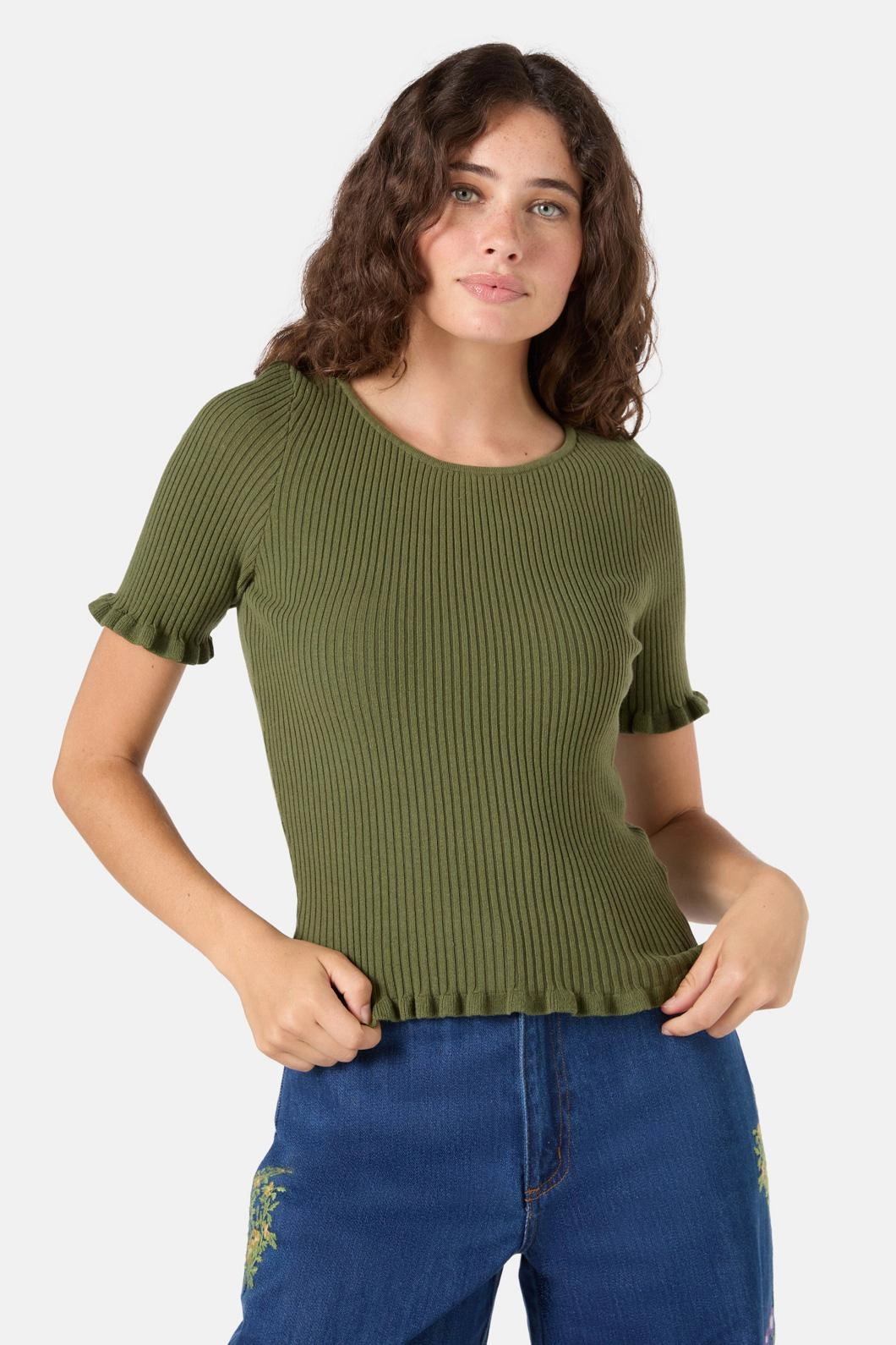 Maya Ruffle Rib Knit Top Microfiber Technology