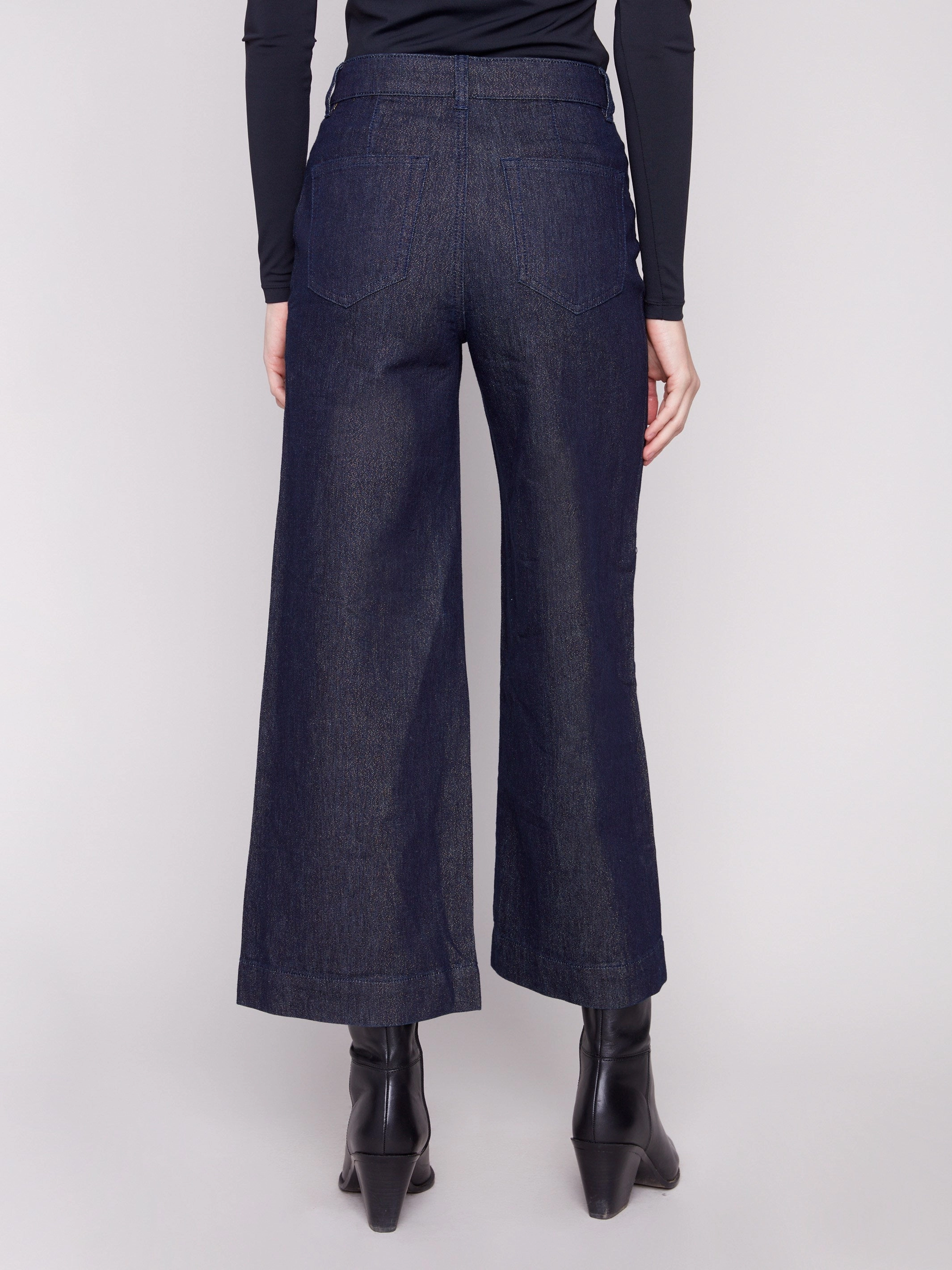 Metallic Patch Pocket Flare Jeans - Blue Black Comfortable Tailoring