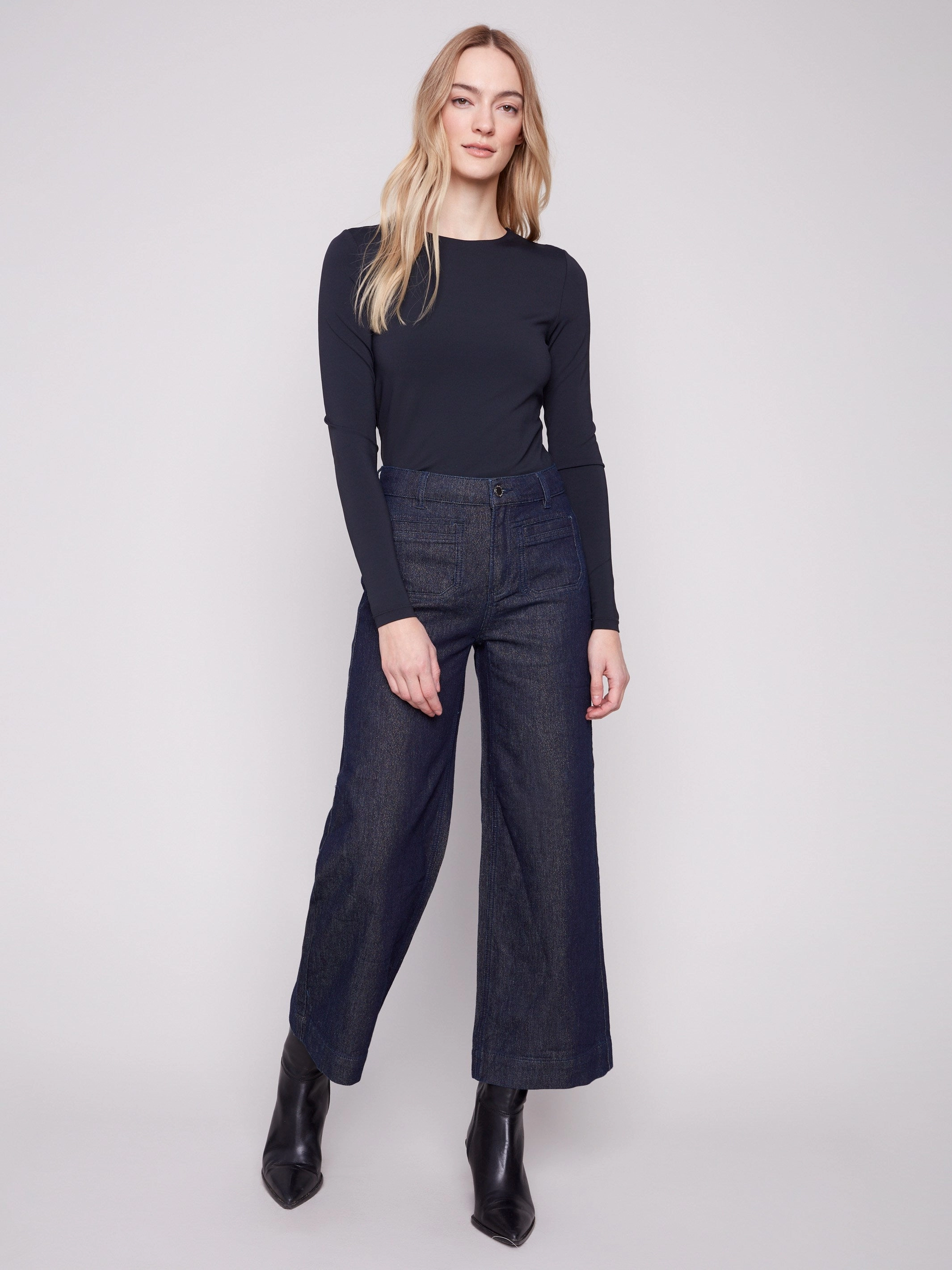 Contemporary Waistband Metallic Patch Pocket Flare Jeans - Blue Black