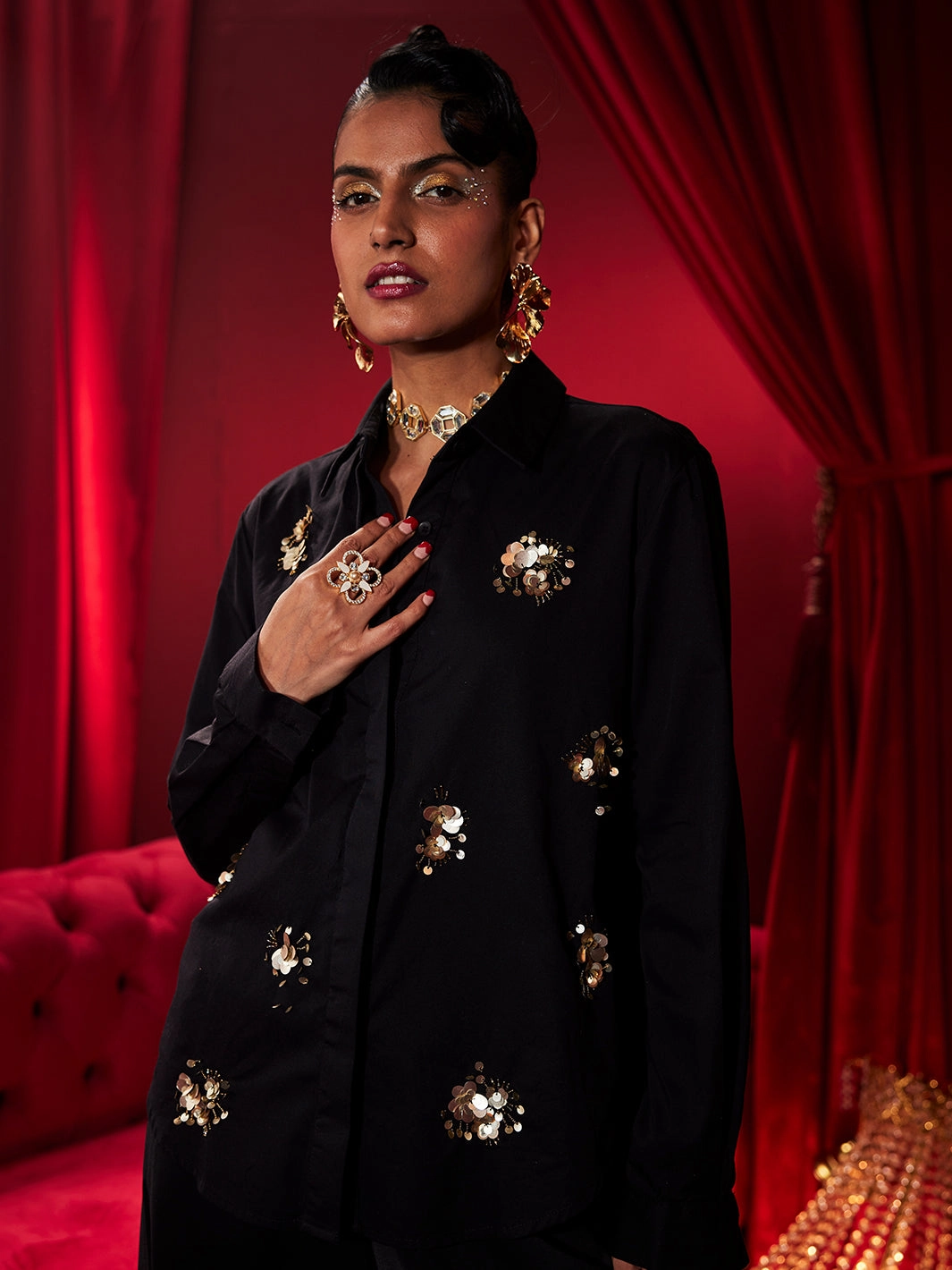 Midnight Sparkle Emrboidered Shirt Evening Motion Picture Perfect