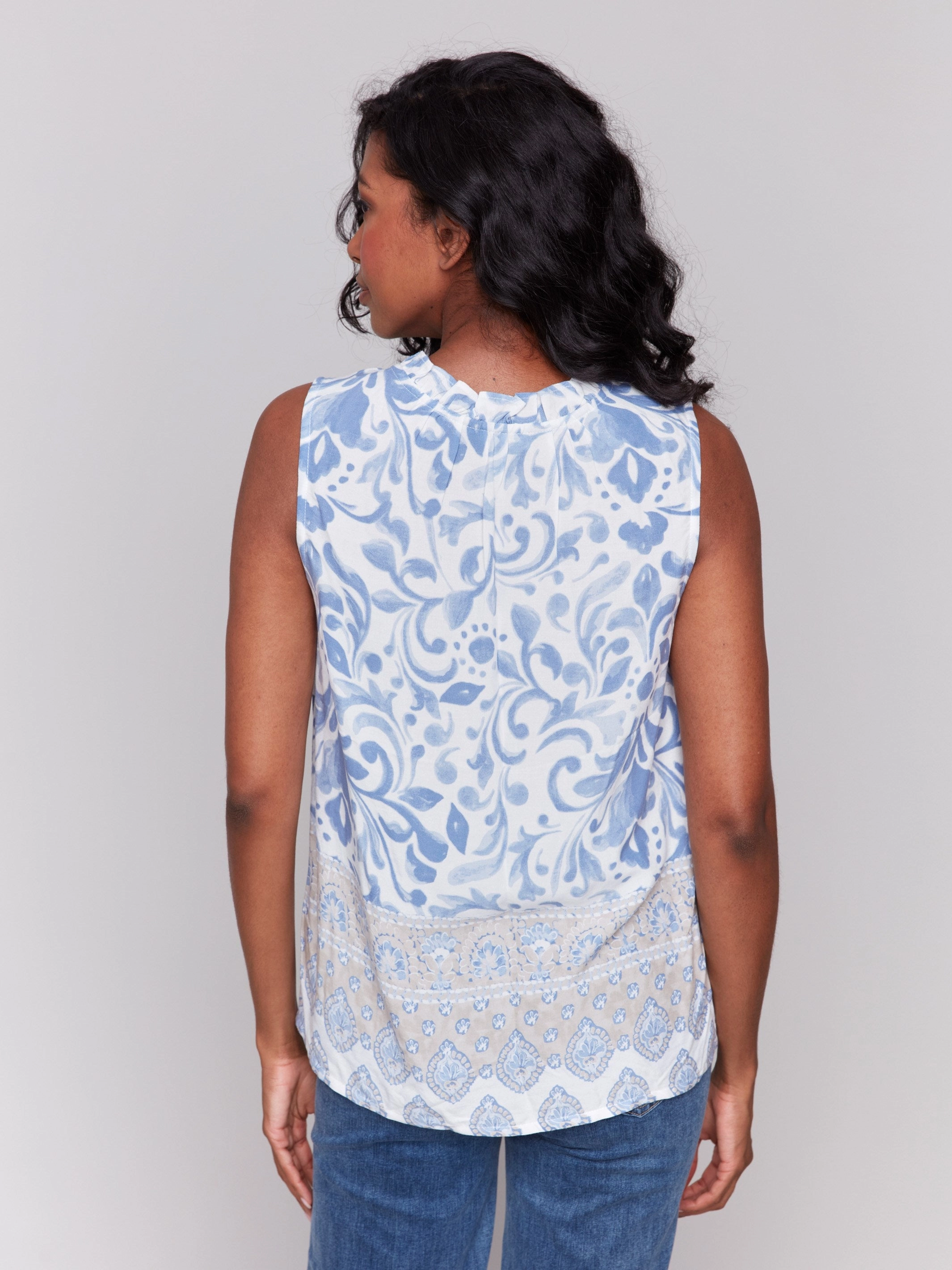 Printed Sleeveless Ruffle Neck Top - Royal Stylish Design Durable Stitching