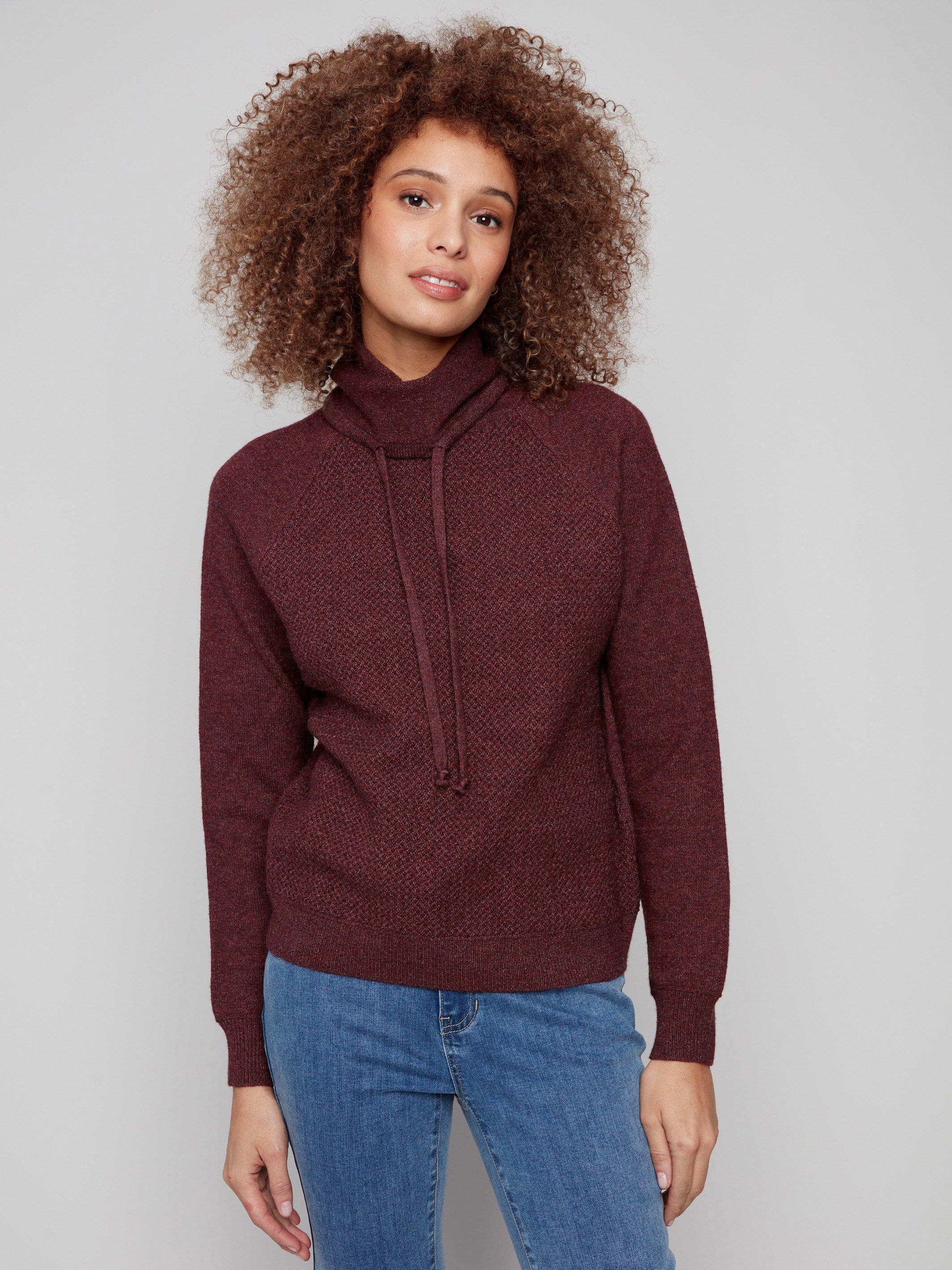 Textured Cowl Neck Knit Sweater - Heather Cabernet Comfy Multicolored