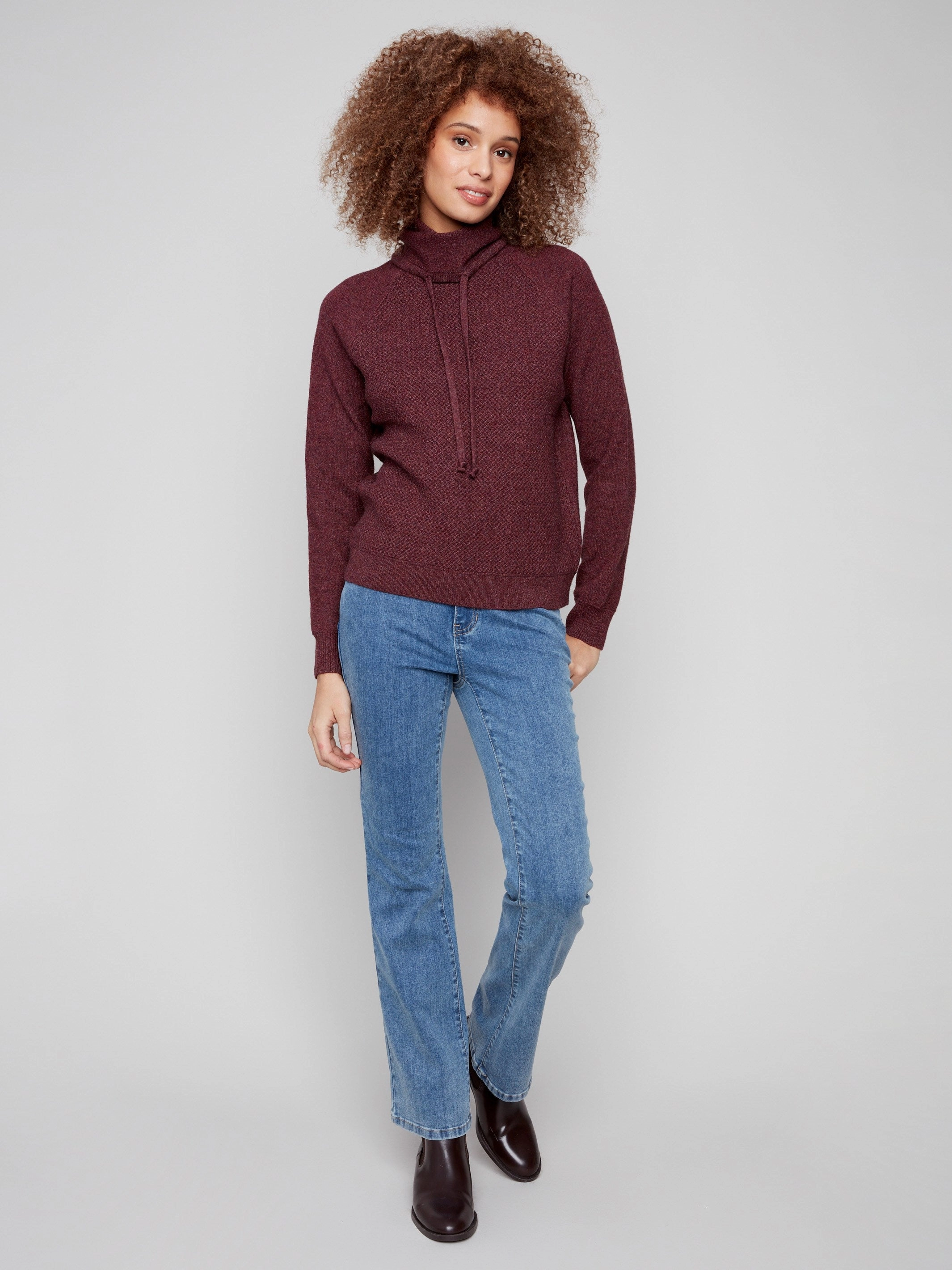 Textured Cowl Neck Knit Sweater - Heather Cabernet Conditioner Denim