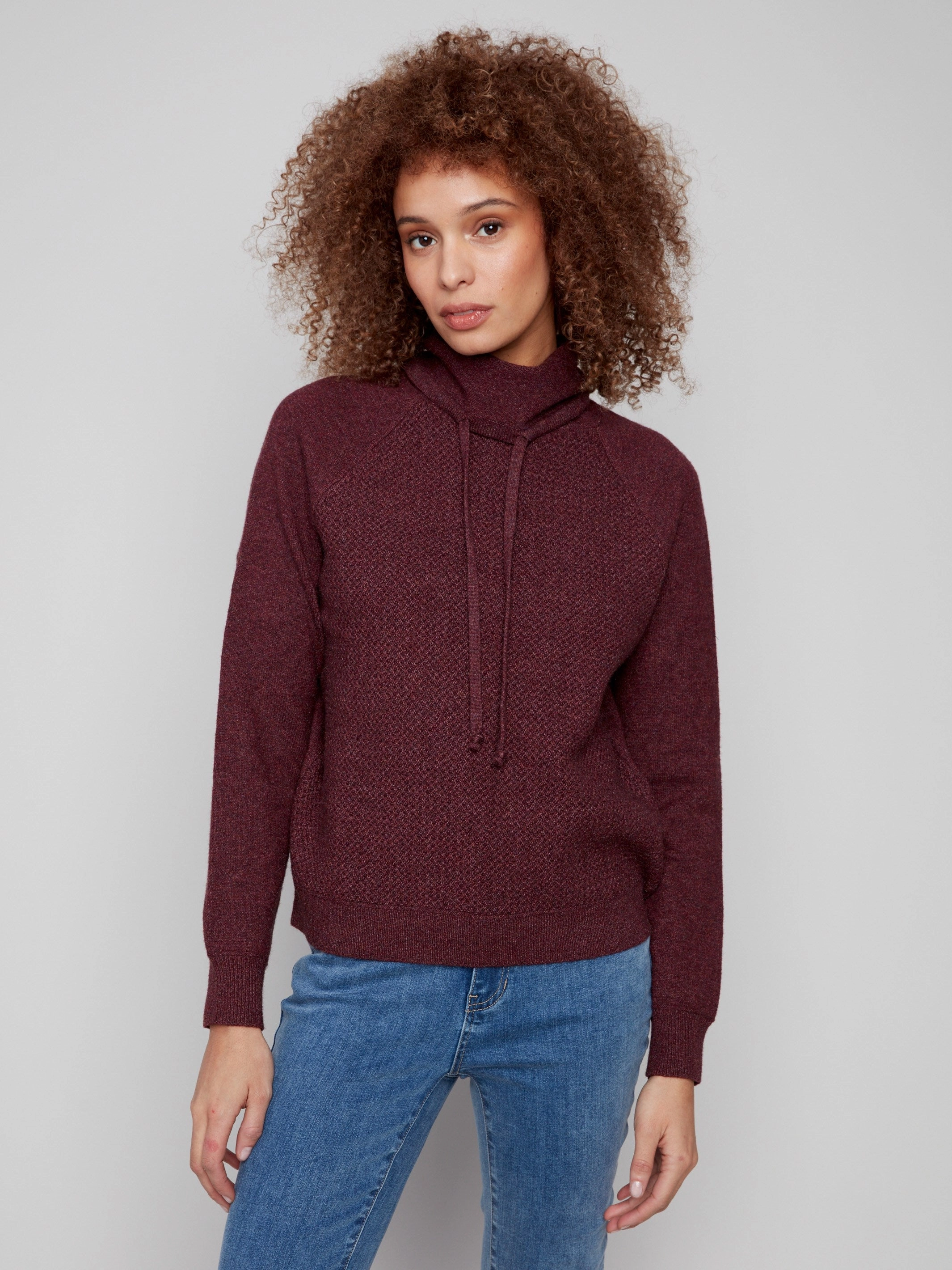 Textured Cowl Neck Knit Sweater - Heather Cabernet Velvet