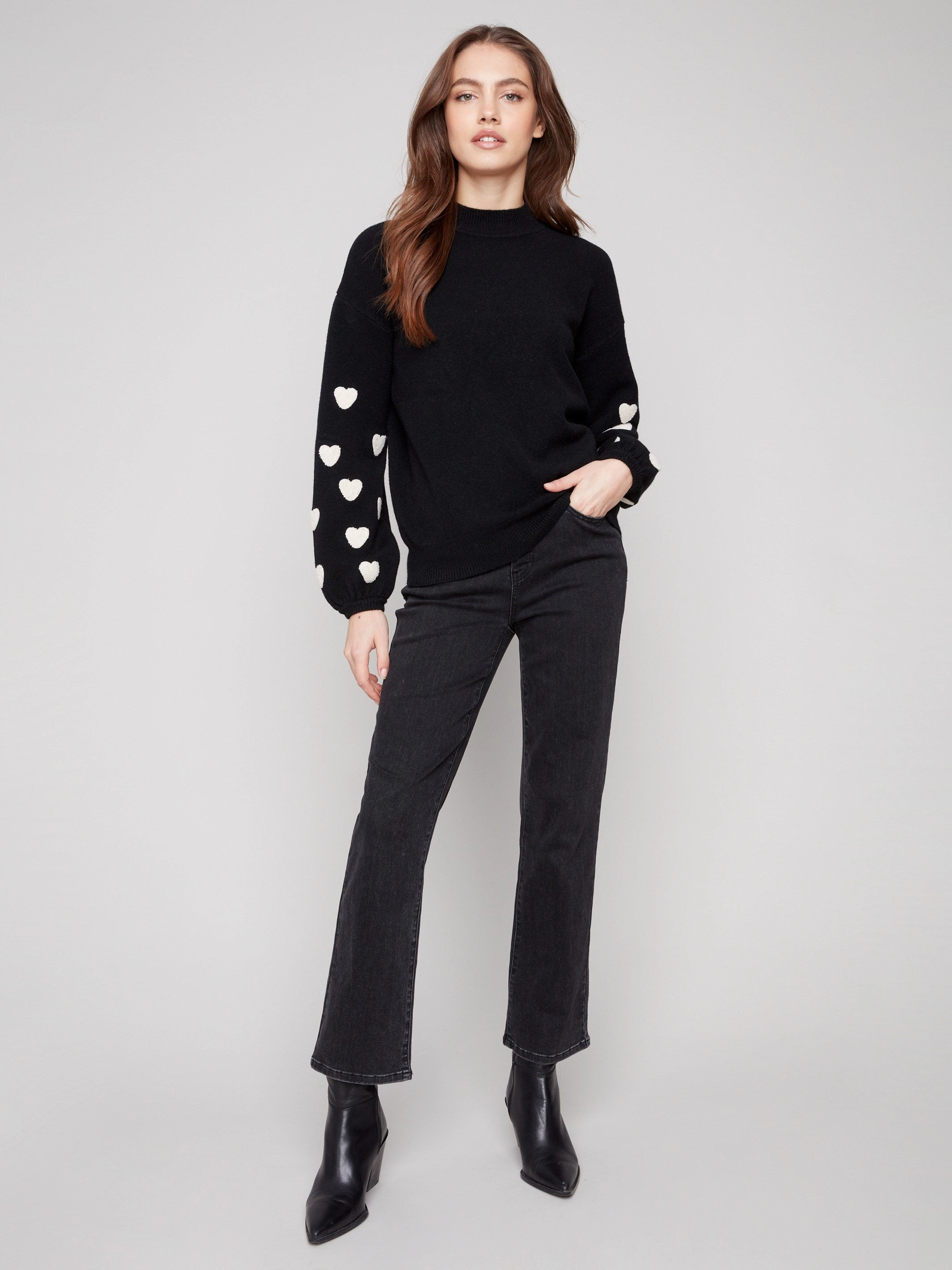 Mock Neck Sweater With Embroidered Hearts - Black Gaming Smart