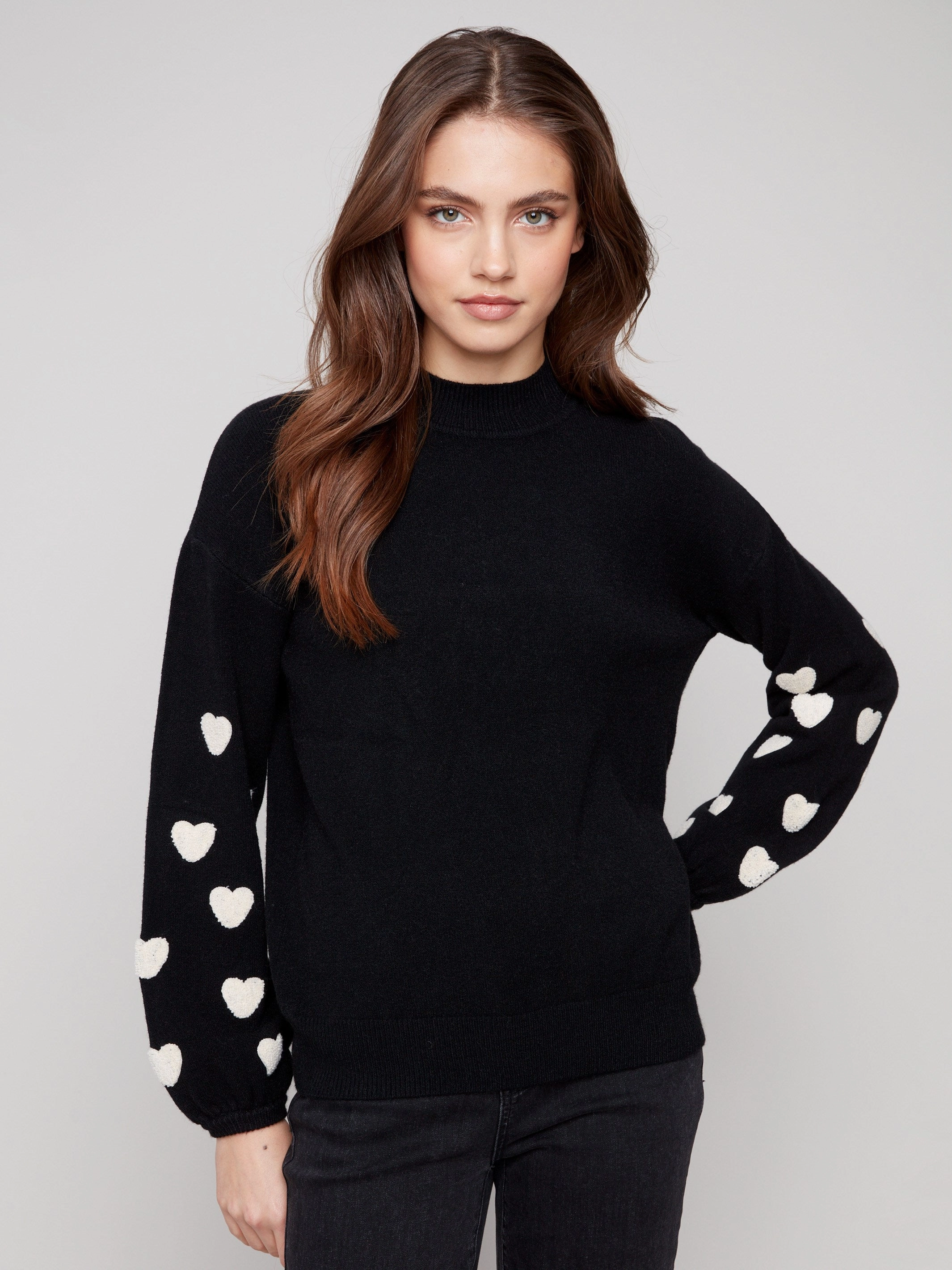 Mock Neck Sweater With Embroidered Hearts - Black Sports Wear Forest trail
