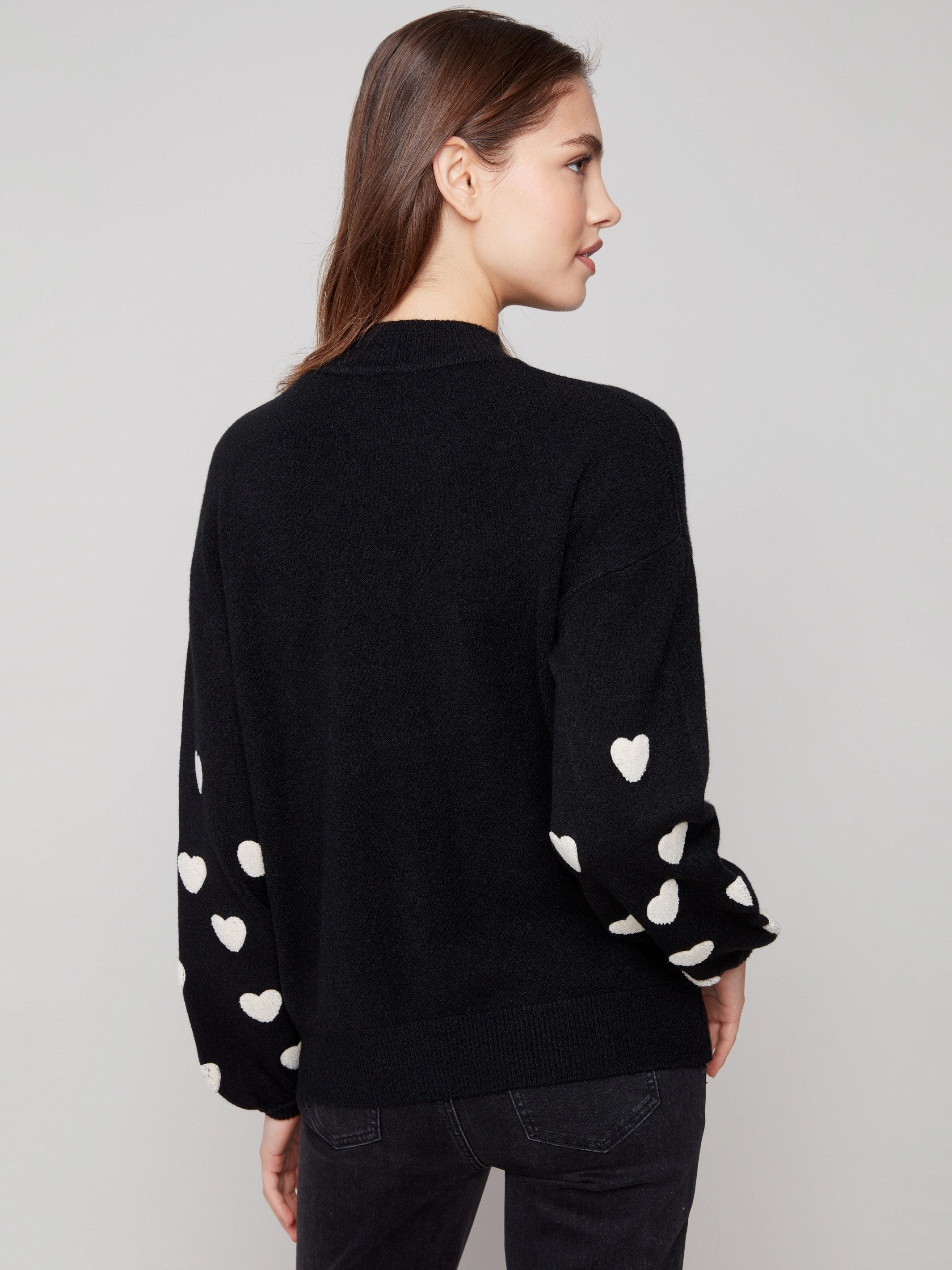 Mock Neck Sweater With Embroidered Hearts - Black Comfort Seeker Beautify