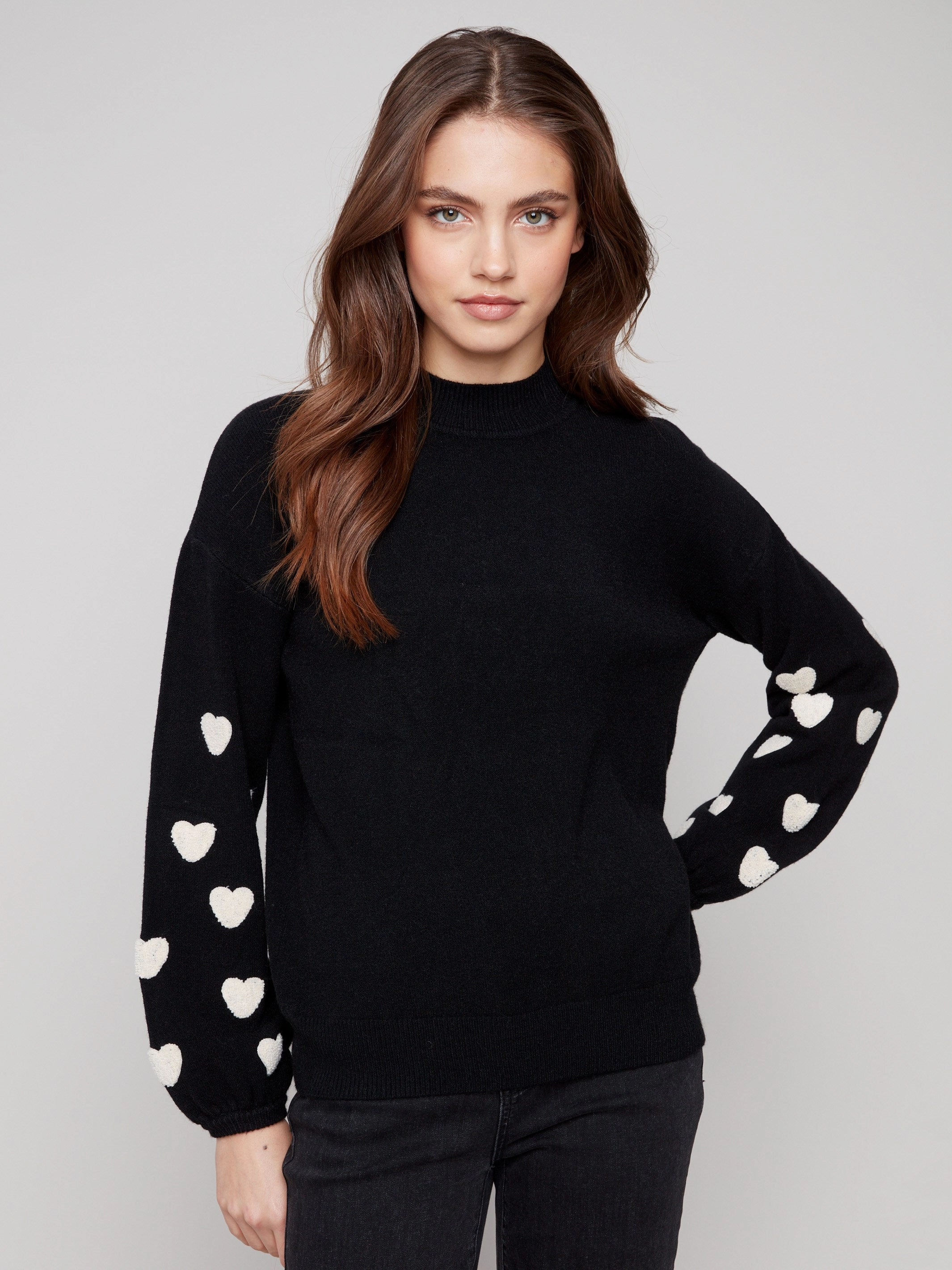 Geometric Shape Mass produced Mock Neck Sweater With Embroidered Hearts - Black