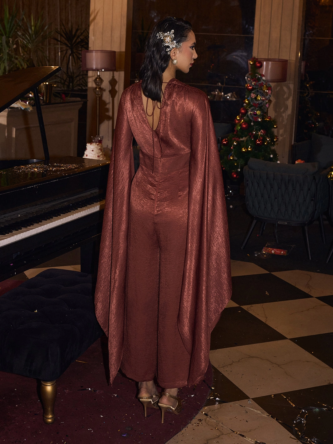 Royal Ember Satin jumpsuit Button Accent