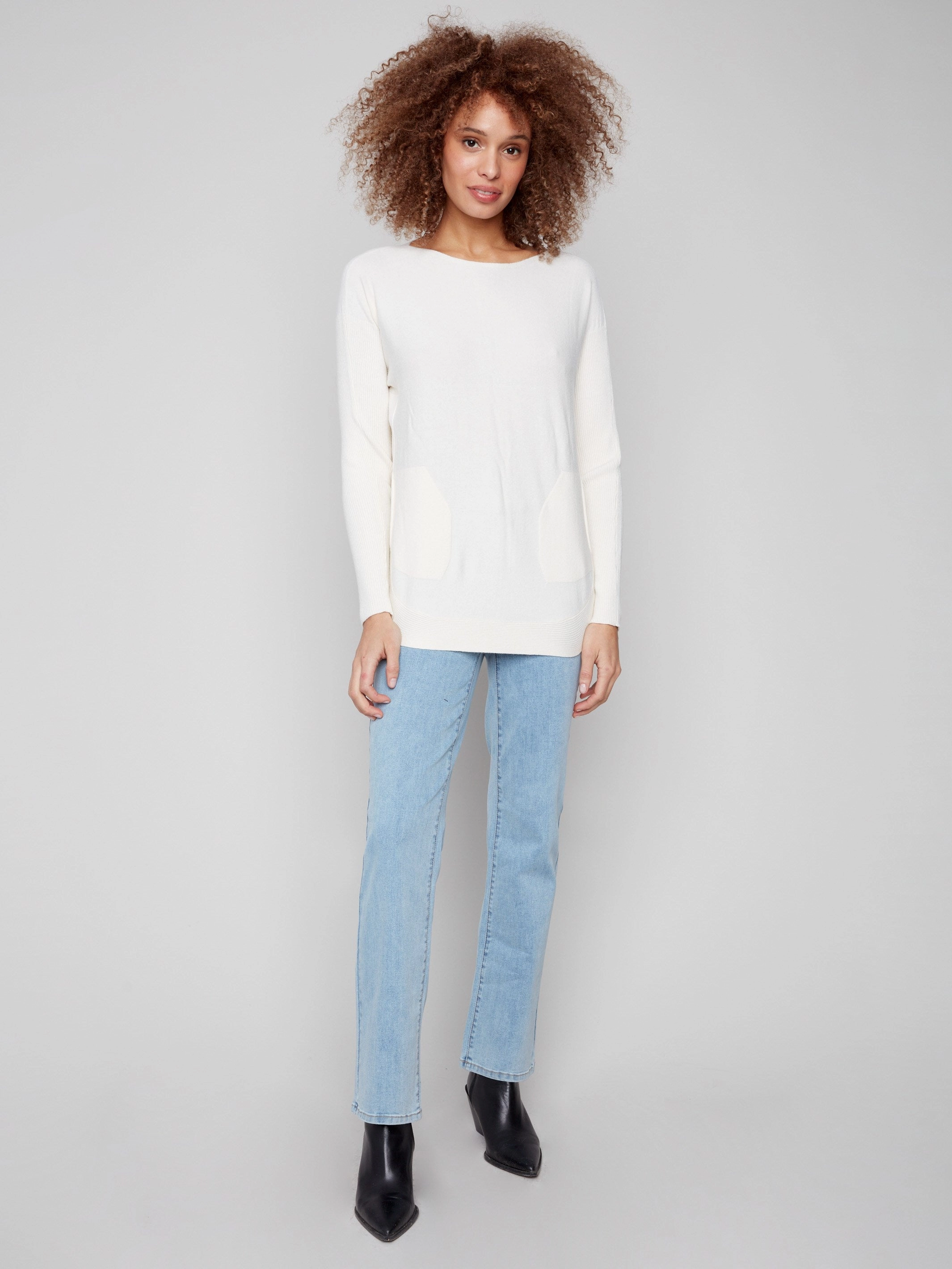 street Tailored Design Knit Sweater With Back Lace-Up Detail - Ecru