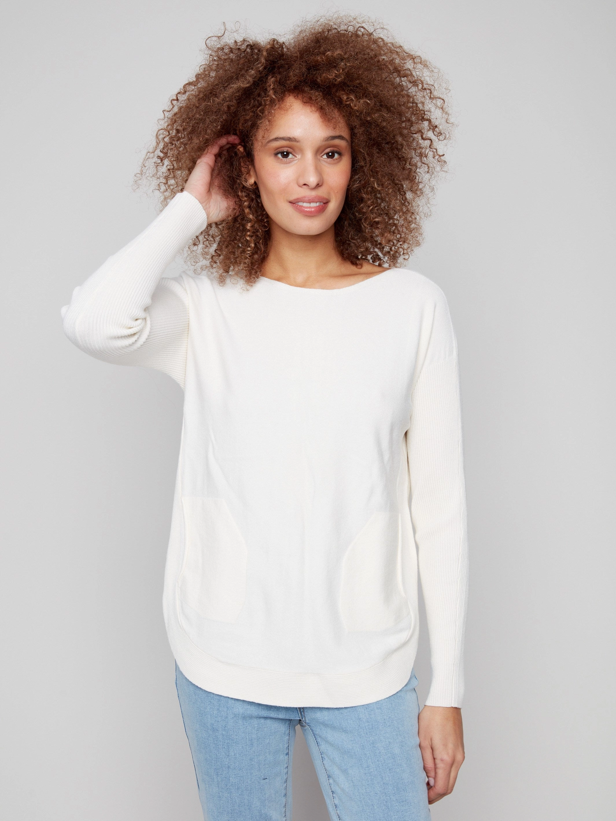 Work related Knit Sweater With Back Lace-Up Detail - Ecru