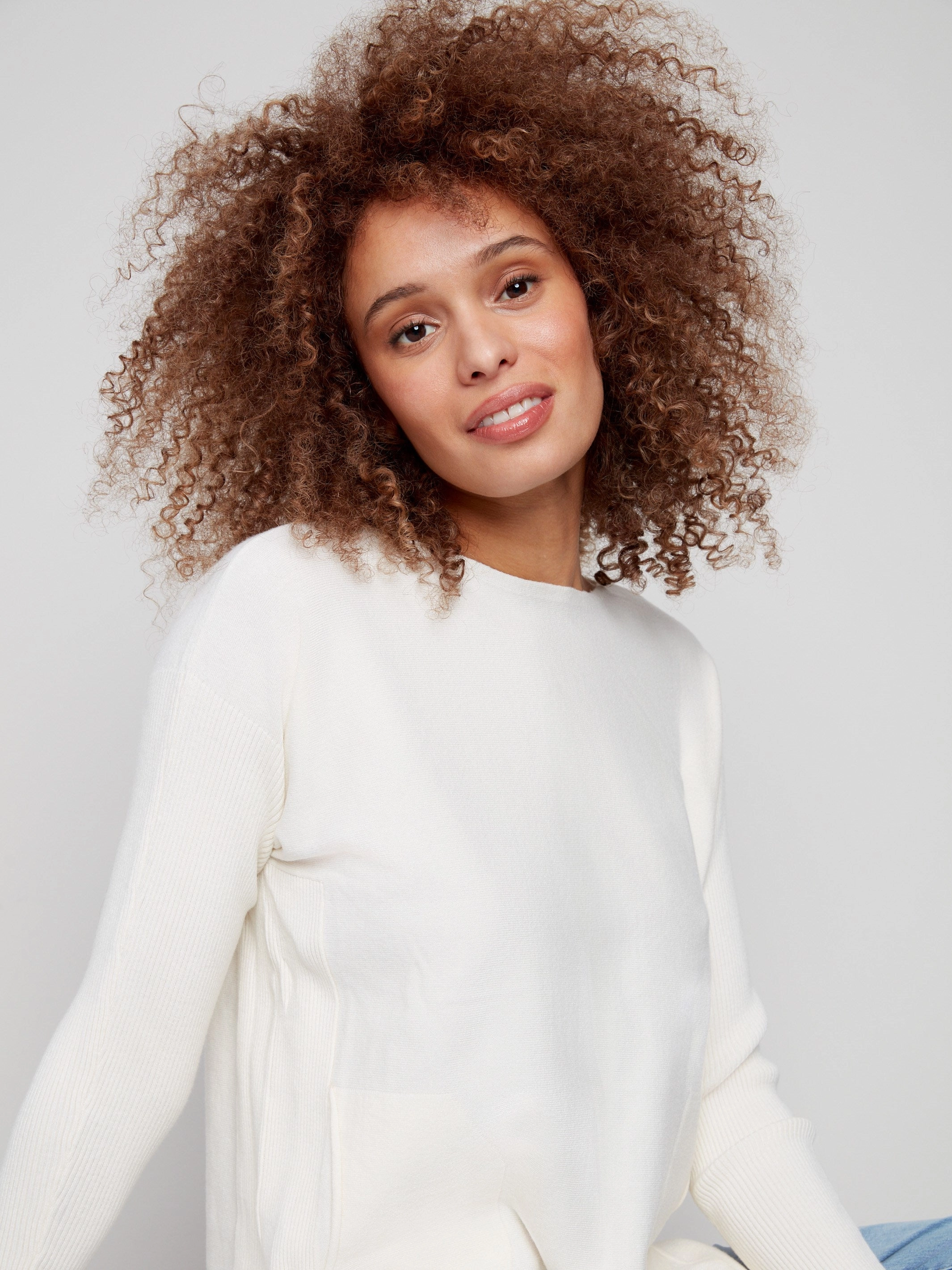 Knit Sweater With Back Lace-Up Detail - Ecru Eco Friendly Lightweight Yarn Composition