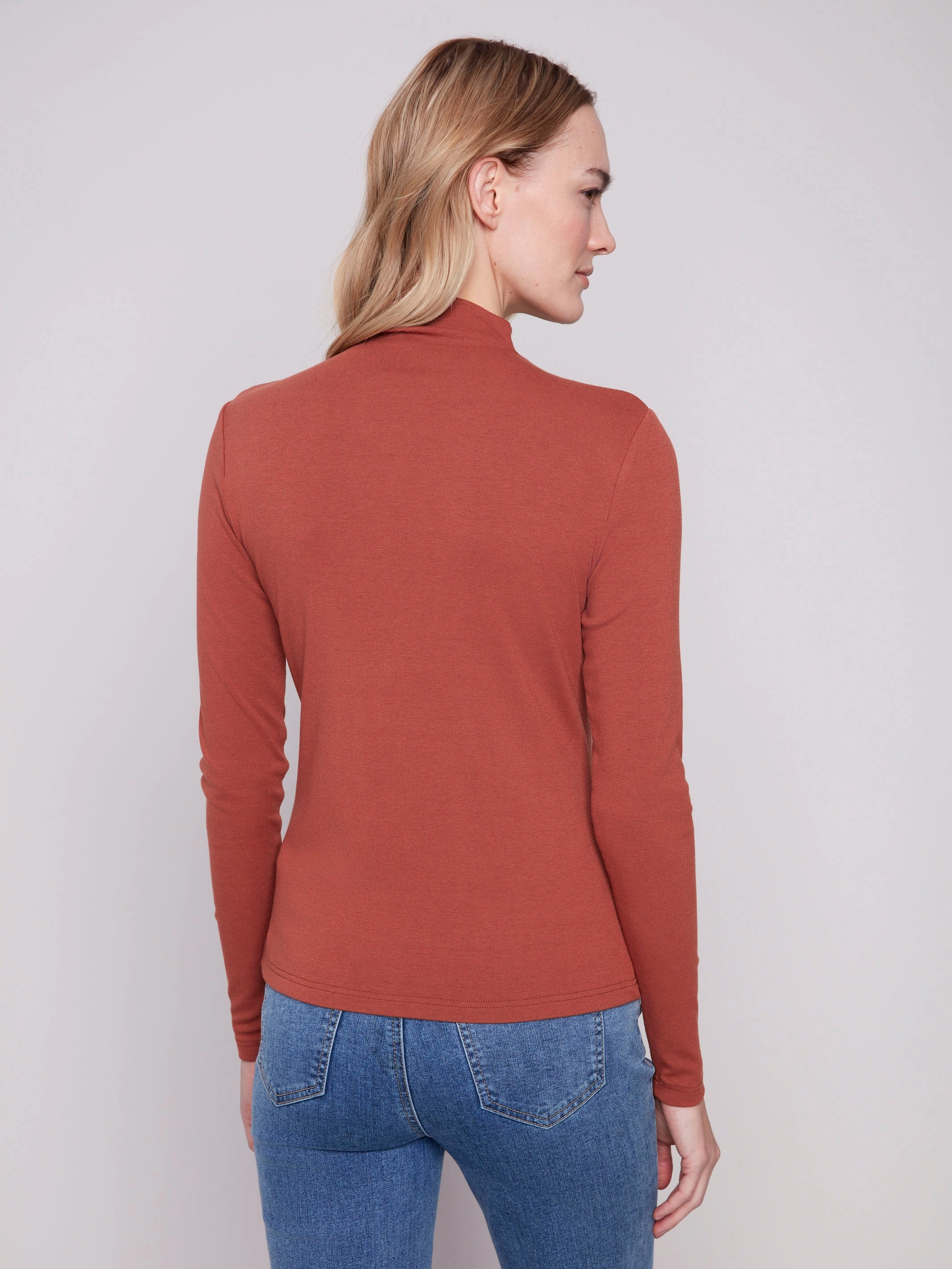 Brushed Interior Long Sleeve Mock Neck Top - Sepia
