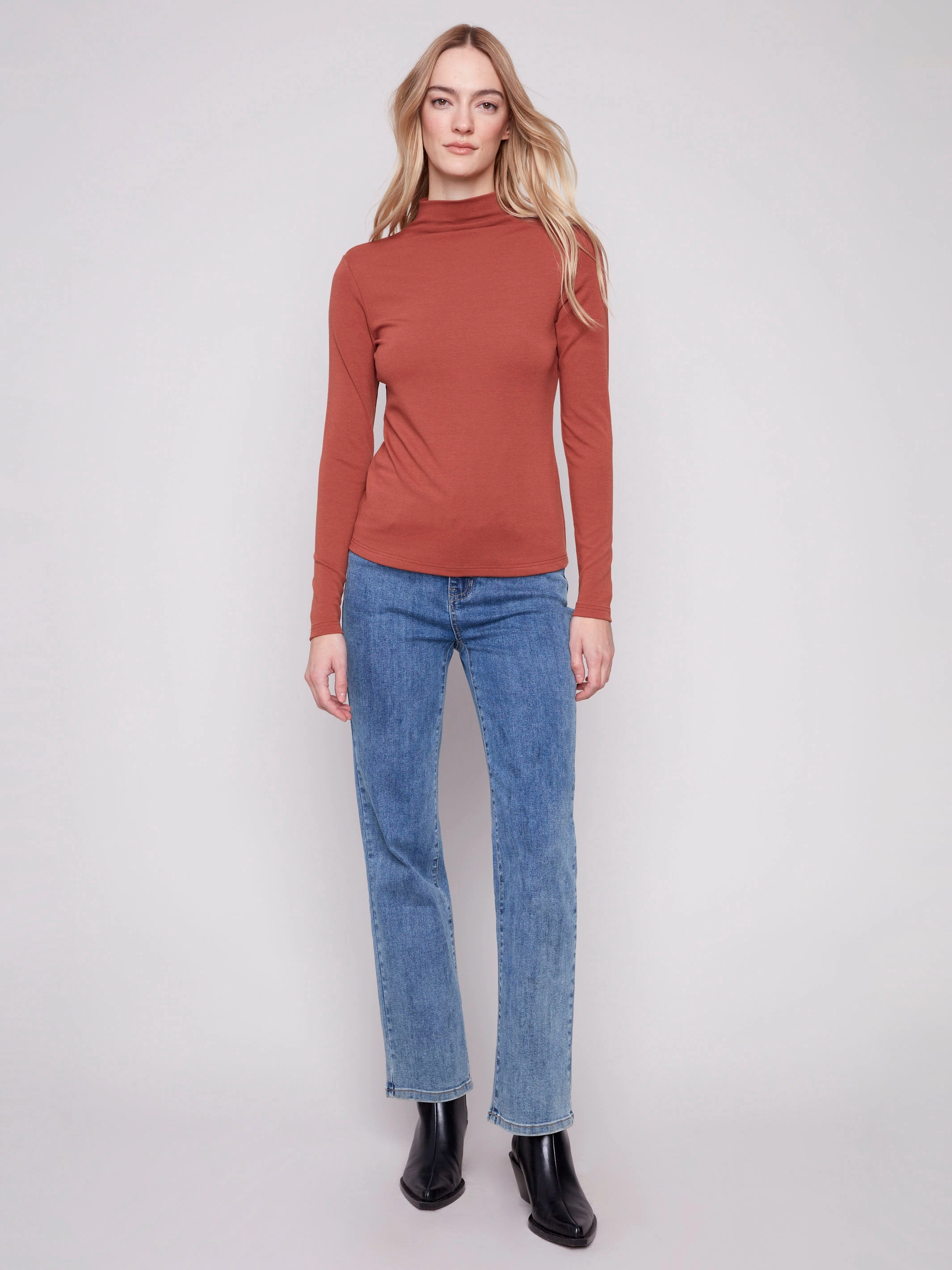 Abrasion Resistant Fabric Low Impact Manufacturing Long Sleeve Mock Neck Top - Sepia