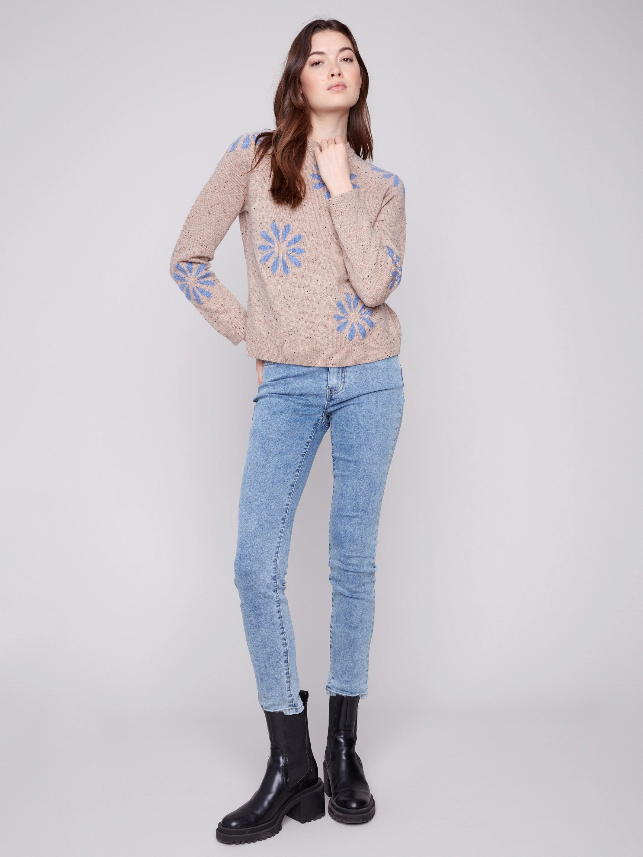 Nep Yarn Mock Neck Floral Sweater - Heather Nutmeg Metallic Bathrobe