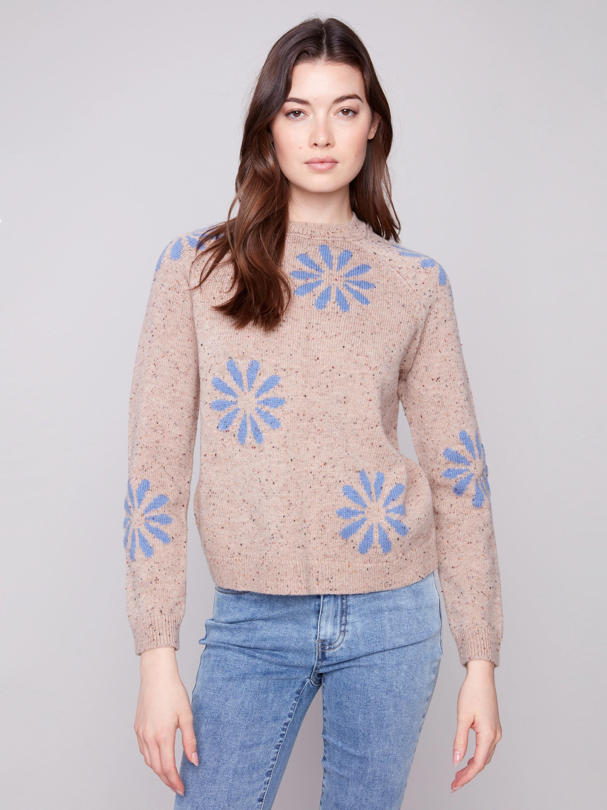 Actress pattern Nep Yarn Mock Neck Floral Sweater - Heather Nutmeg