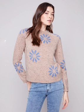 Nep Yarn Mock Neck Floral Sweater - Heather Nutmeg Durable Hem Finishing Photography