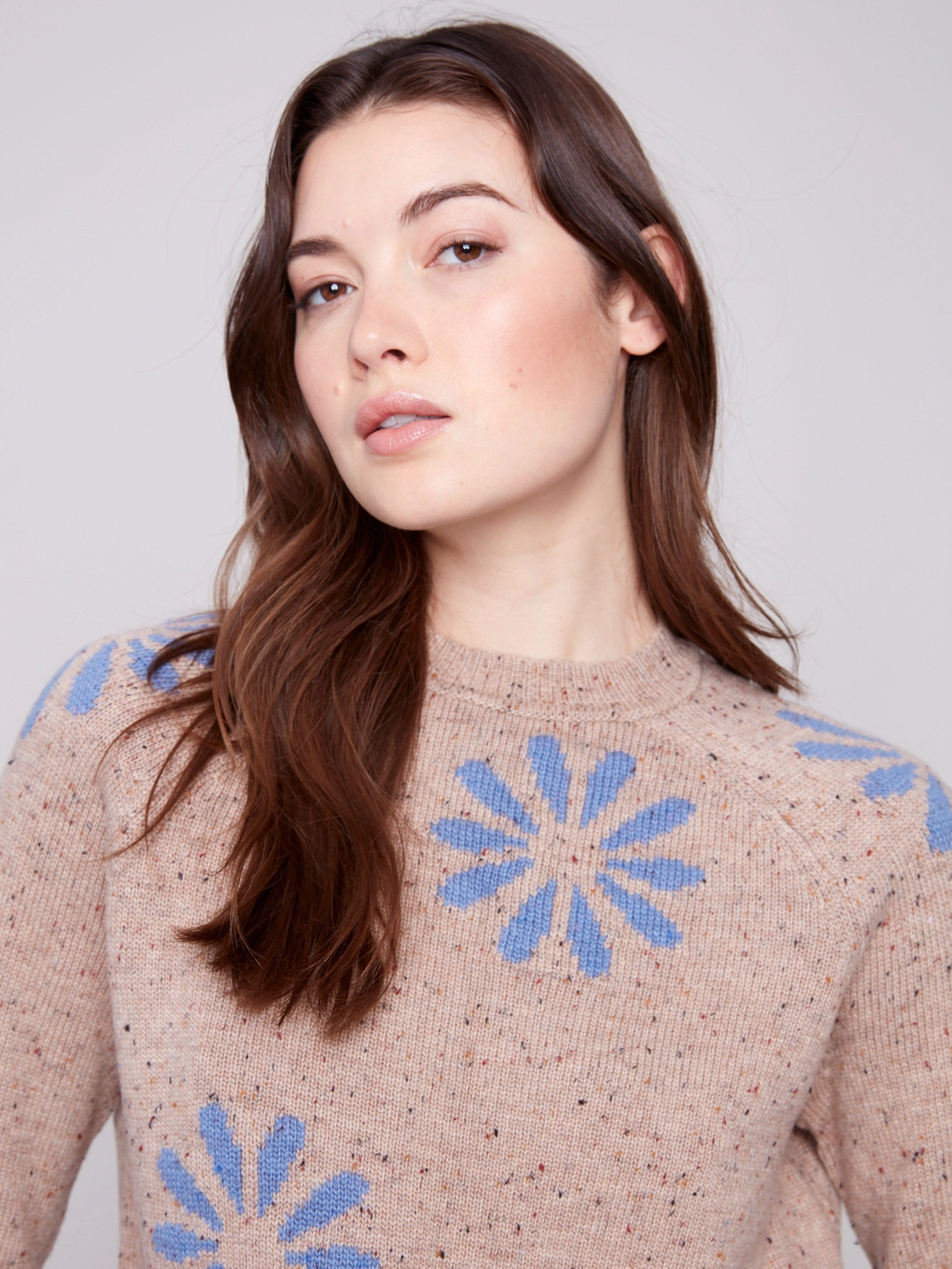 Nep Yarn Mock Neck Floral Sweater - Heather Nutmeg Blanket slim