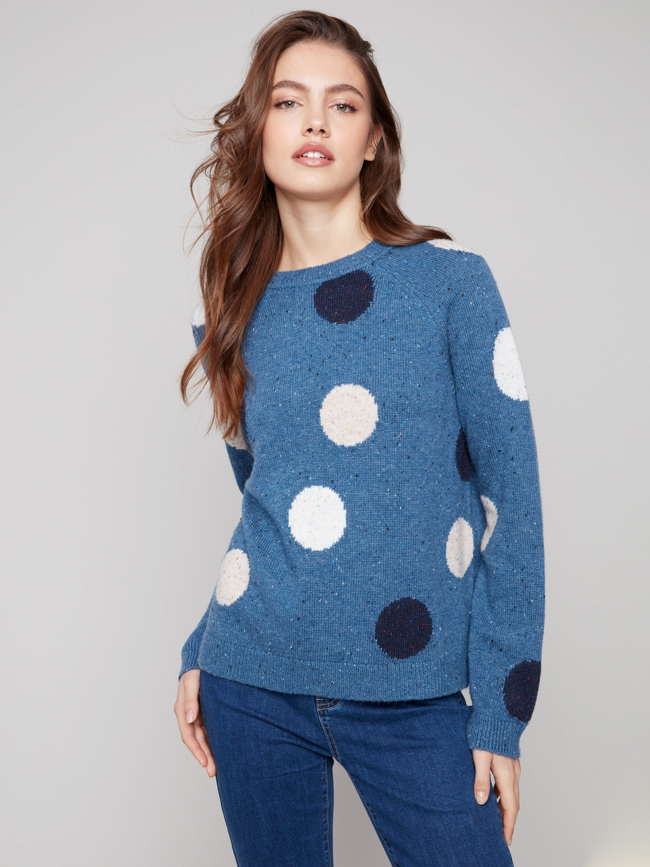 Nep Yarn Mock Neck Polka Dot Sweater - Heather Oxford Socialite Flexible Shoulder Cut
