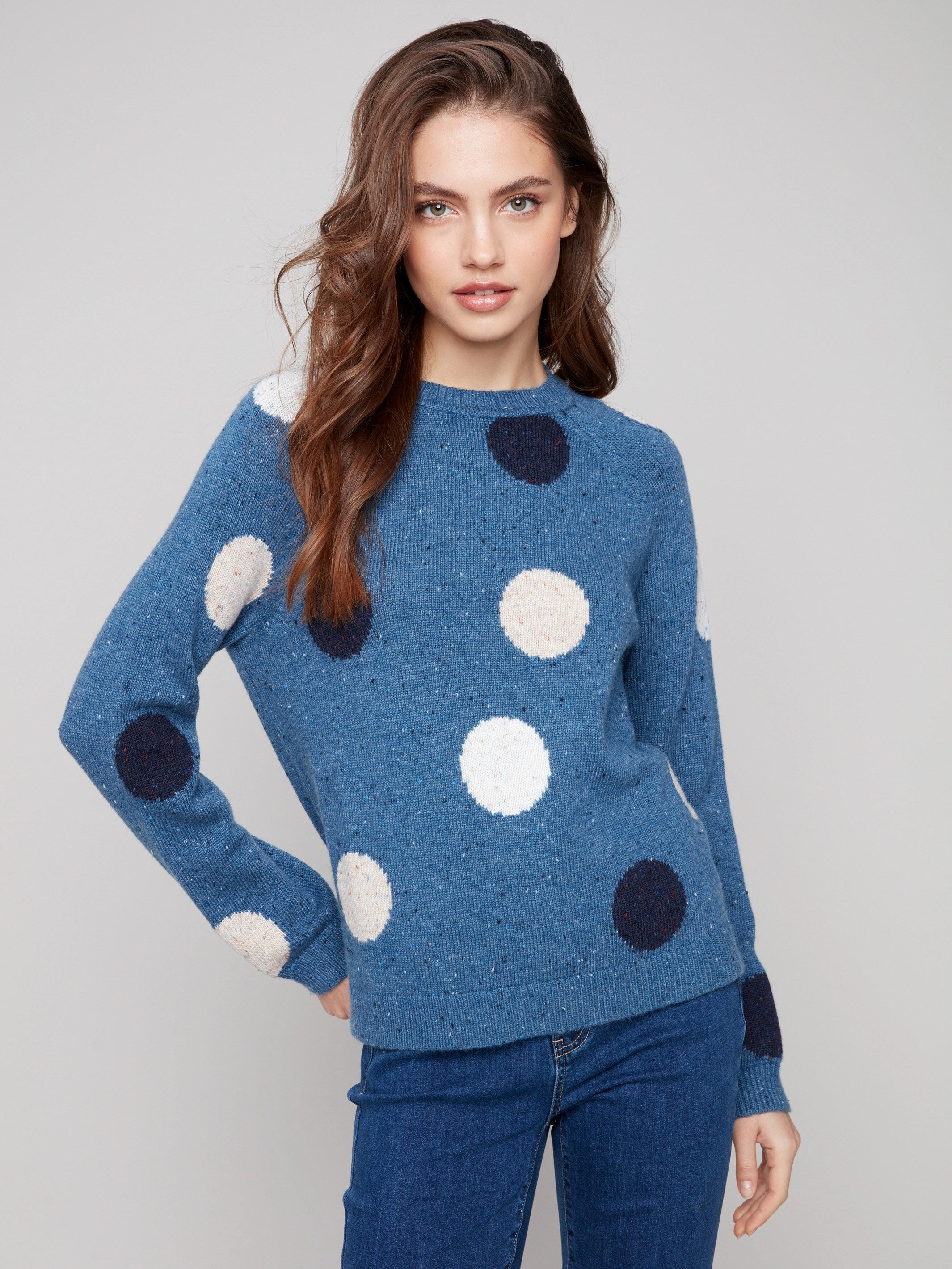 Nep Yarn Mock Neck Polka Dot Sweater - Heather Oxford Elastic Classic lover