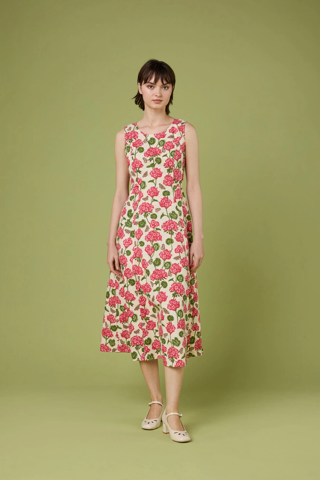 Country View Geranium Flower Midi Dress