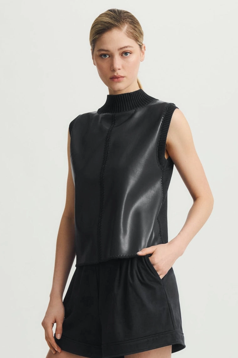 Cozy Sweater NICO MIXED MEDIA VEGAN LEATHER SLEEVELESS TOP