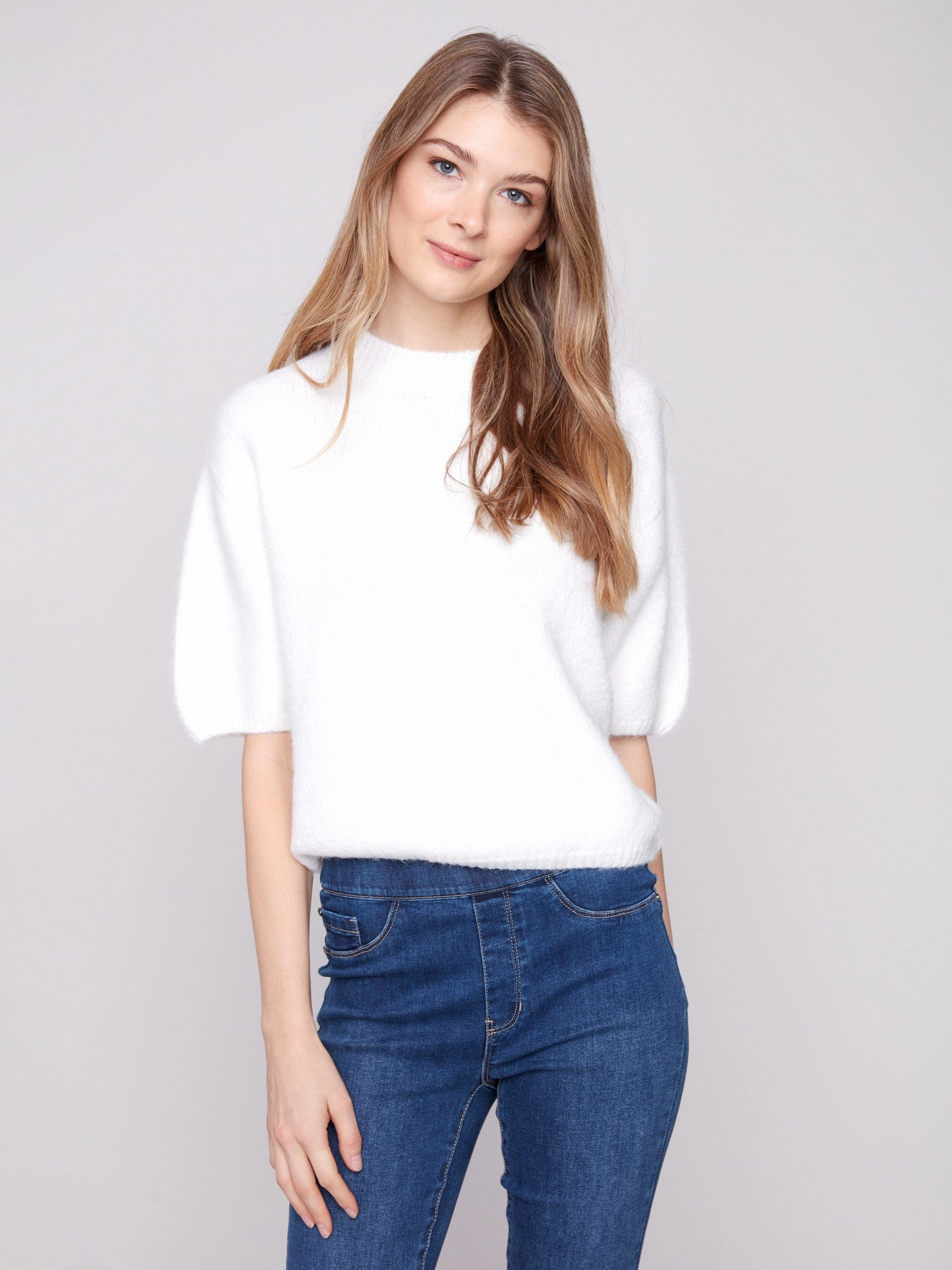 Balloon Elbow Sleeve Knit Sweater - Ecru All Season Wear V neck style