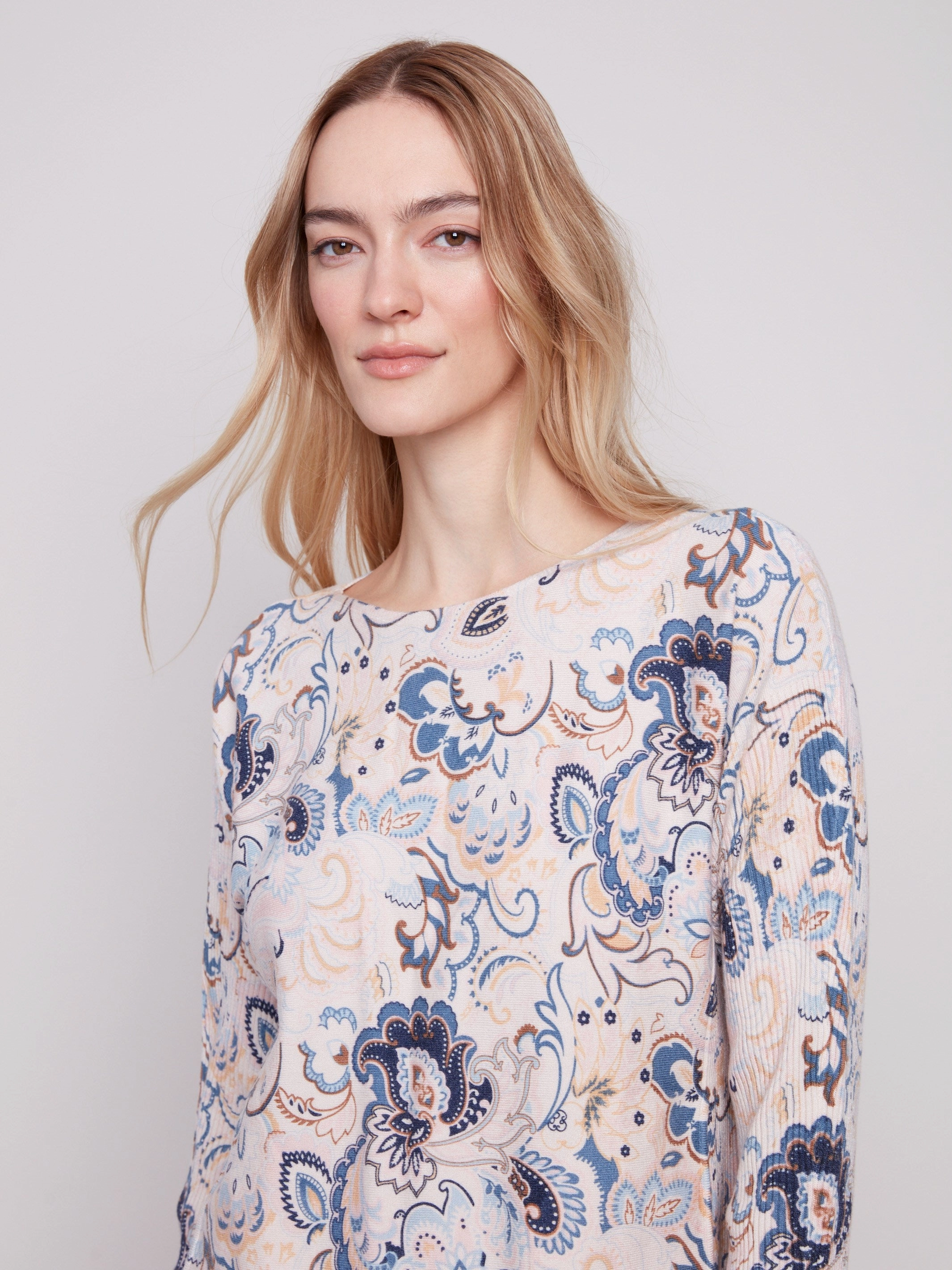 Belted Mountain Printed Rounded Hem Sweater - Blush