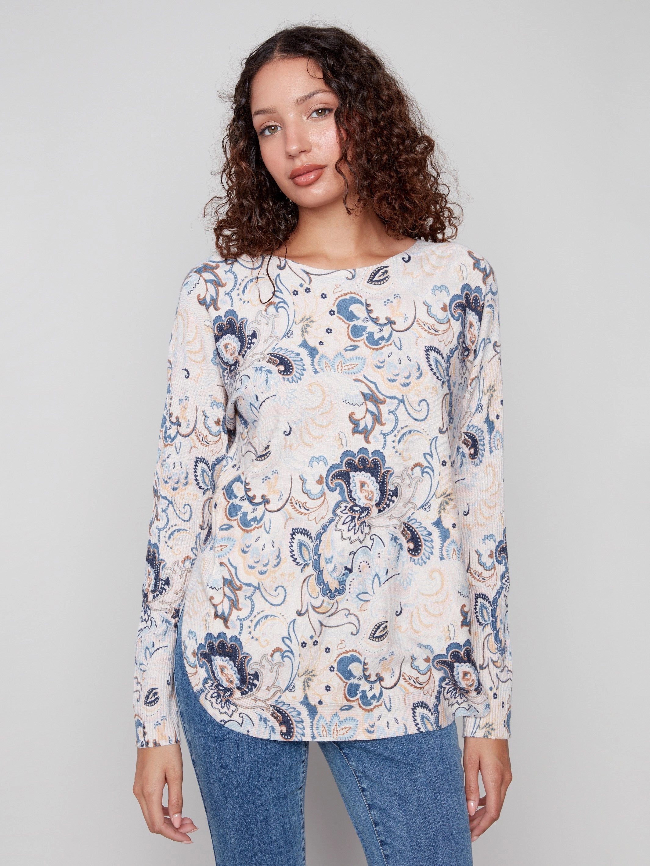 Printed Rounded Hem Sweater - Blush colorful Reinforced Buttonholes