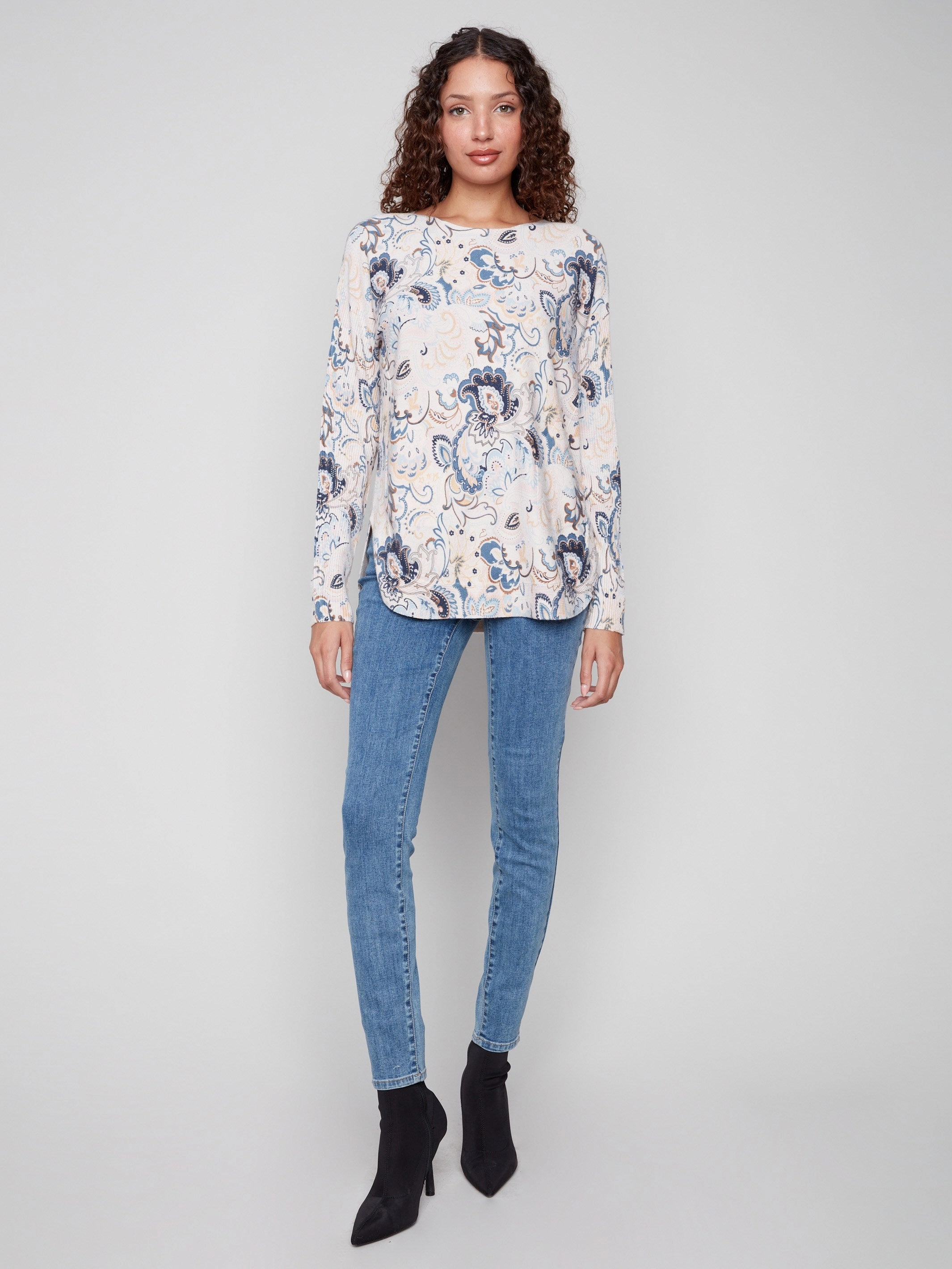 Printed Rounded Hem Sweater - Blush Vintage feel