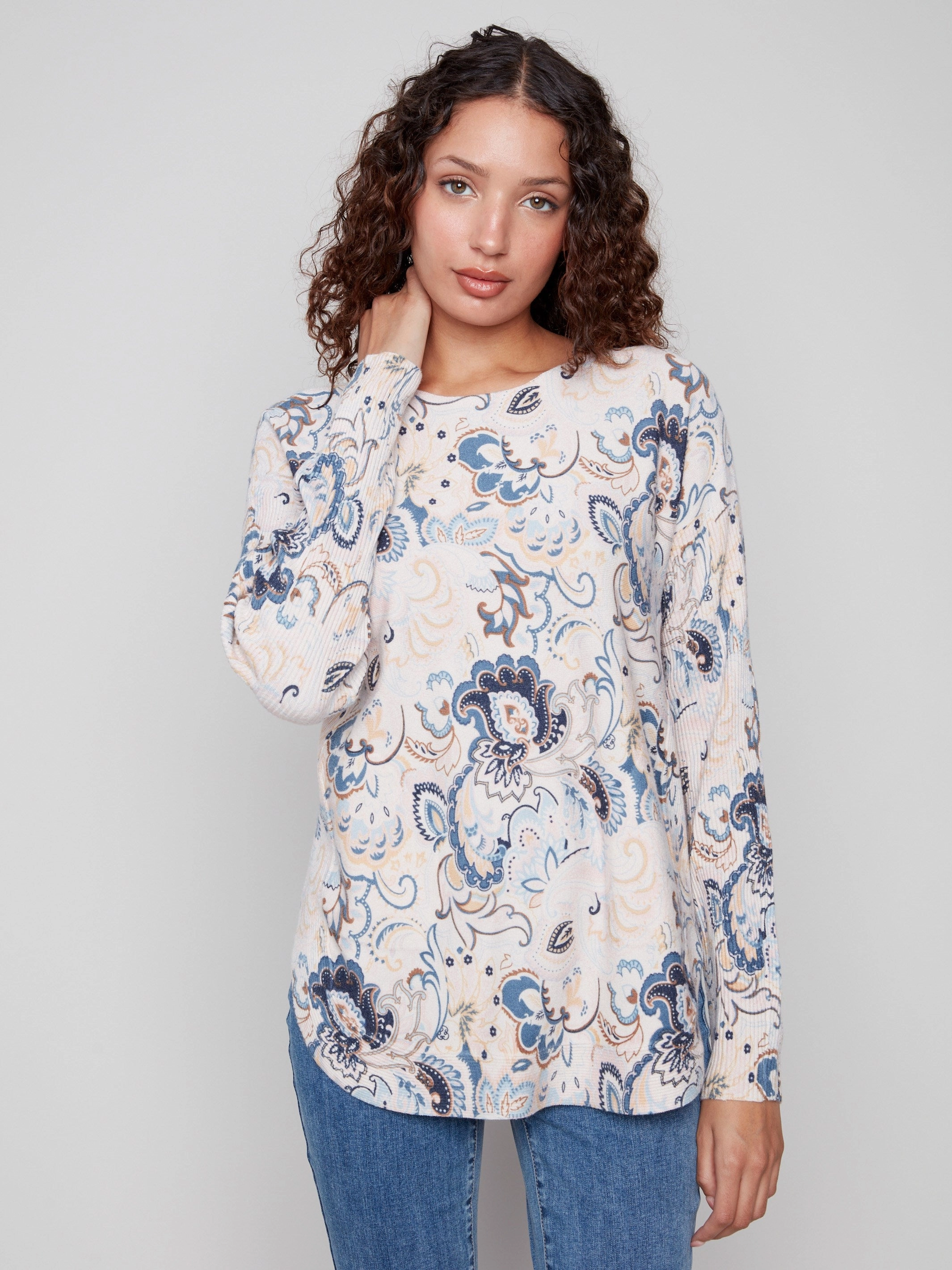 Flexible Cuff Design Printed Rounded Hem Sweater - Blush