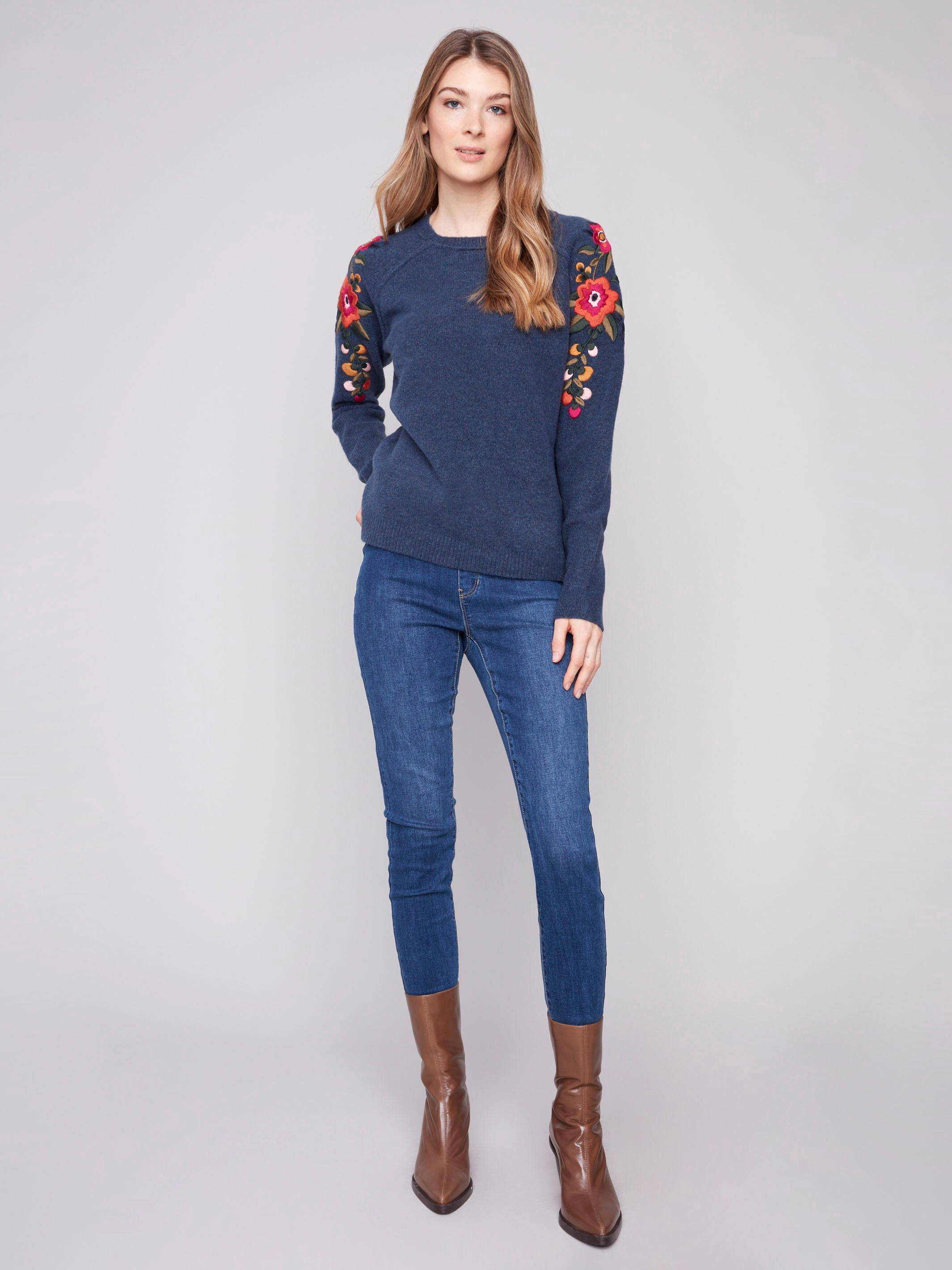 Specialty Item Embroidered Floral Sleeve Sweater - Heather Denim