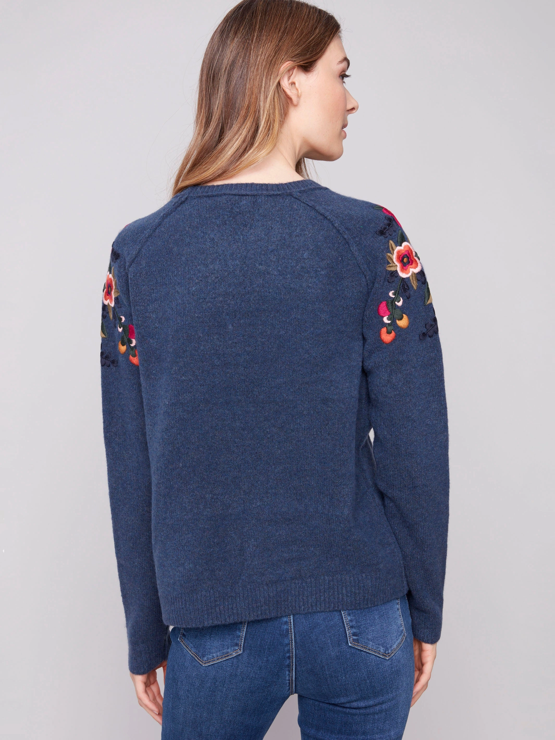 Embroidered Floral Sleeve Sweater - Heather Denim Book
