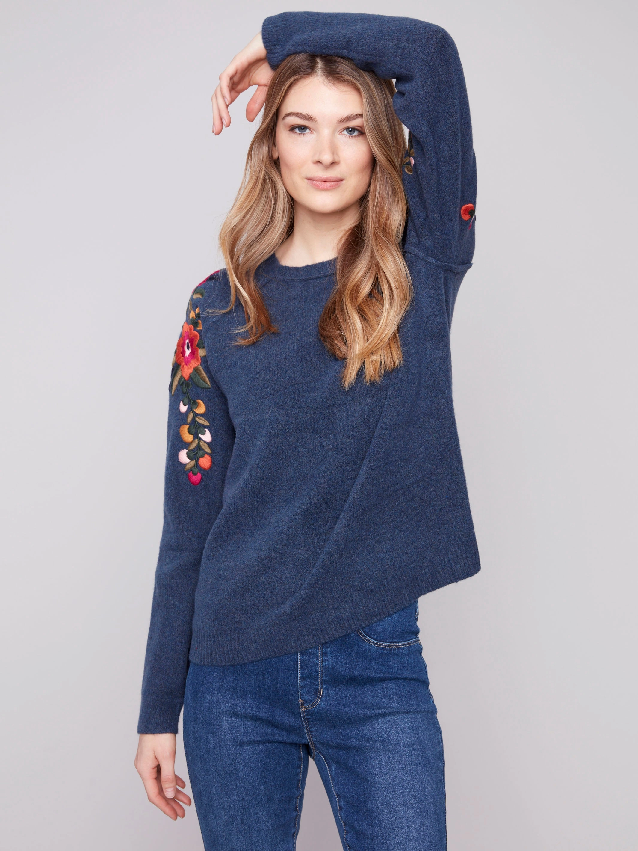 Evening Event Spice Embroidered Floral Sleeve Sweater - Heather Denim