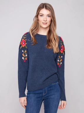 Magazine Embroidered Floral Sleeve Sweater - Heather Denim