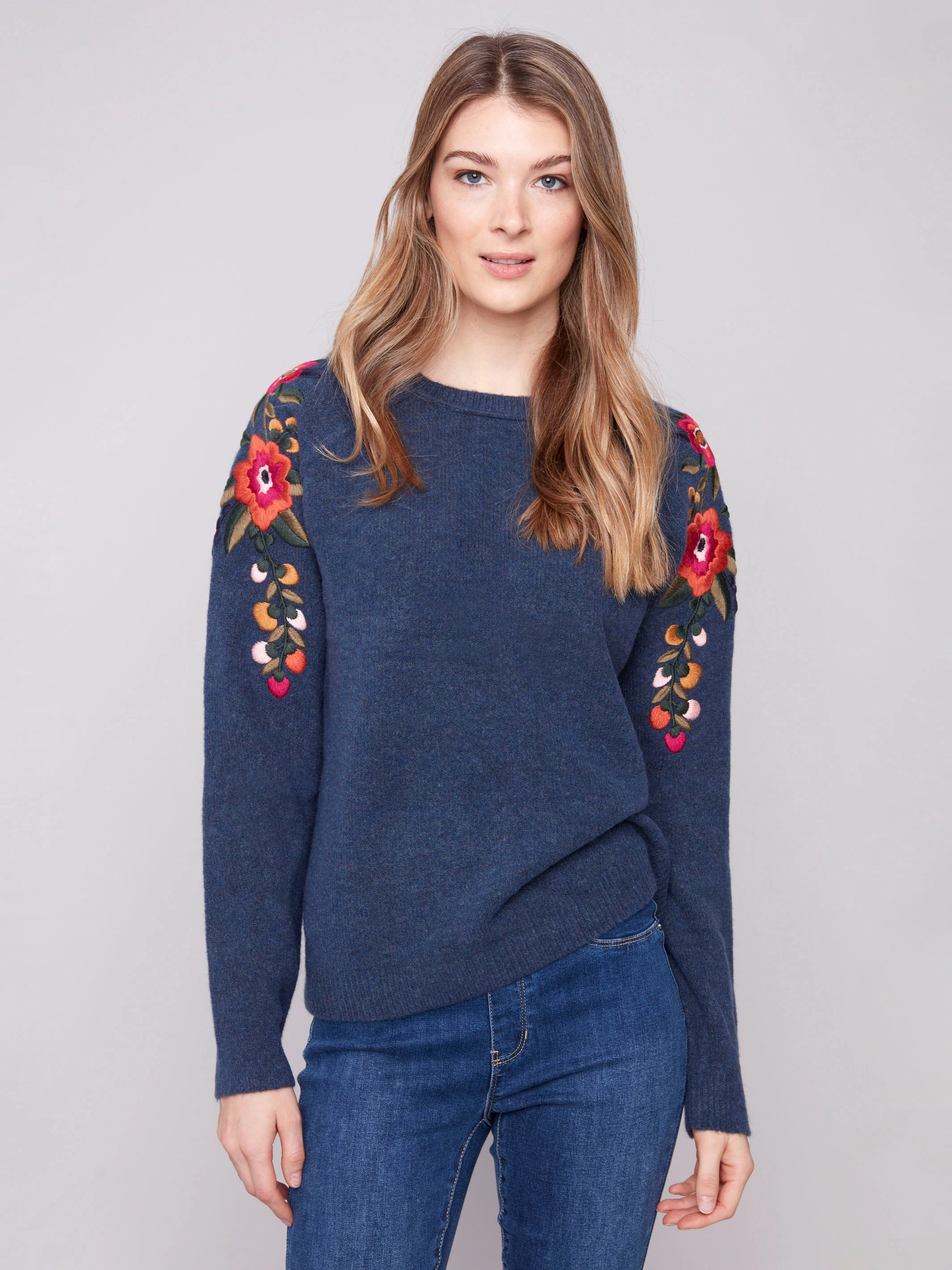 Magazine Embroidered Floral Sleeve Sweater - Heather Denim